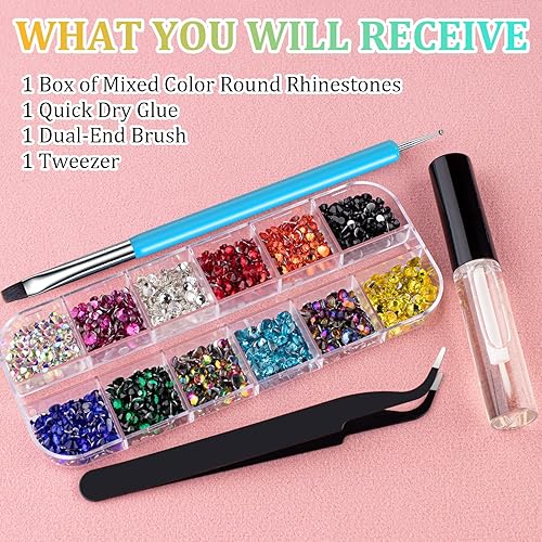 Miniatura 6 de Kit de gemas redondas de cara plana coloridas para maquillaje con pegamento de secado rápido  cepillo  pinza diamantes de imitación de uñas de color