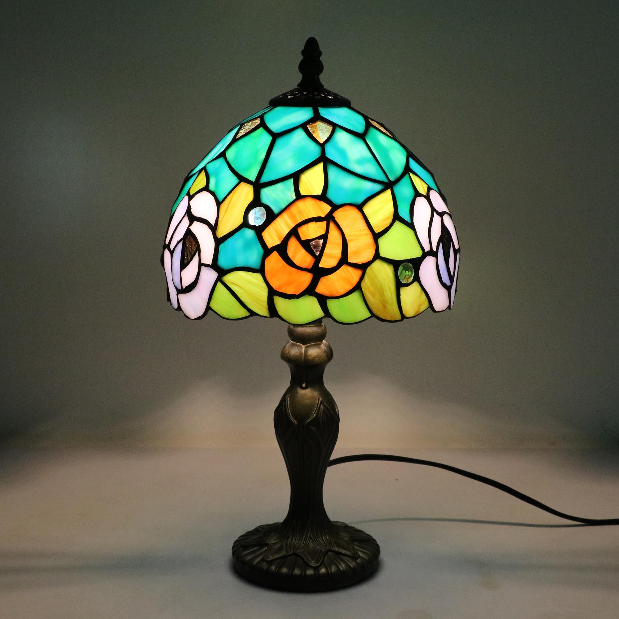 Lampada in Stile Tiffany Fiori di Rosa, Lampada da tavolo, per Soggiorno Camera da letto Tavolino da caffè, Lampadina E14 [Senza lampadine]