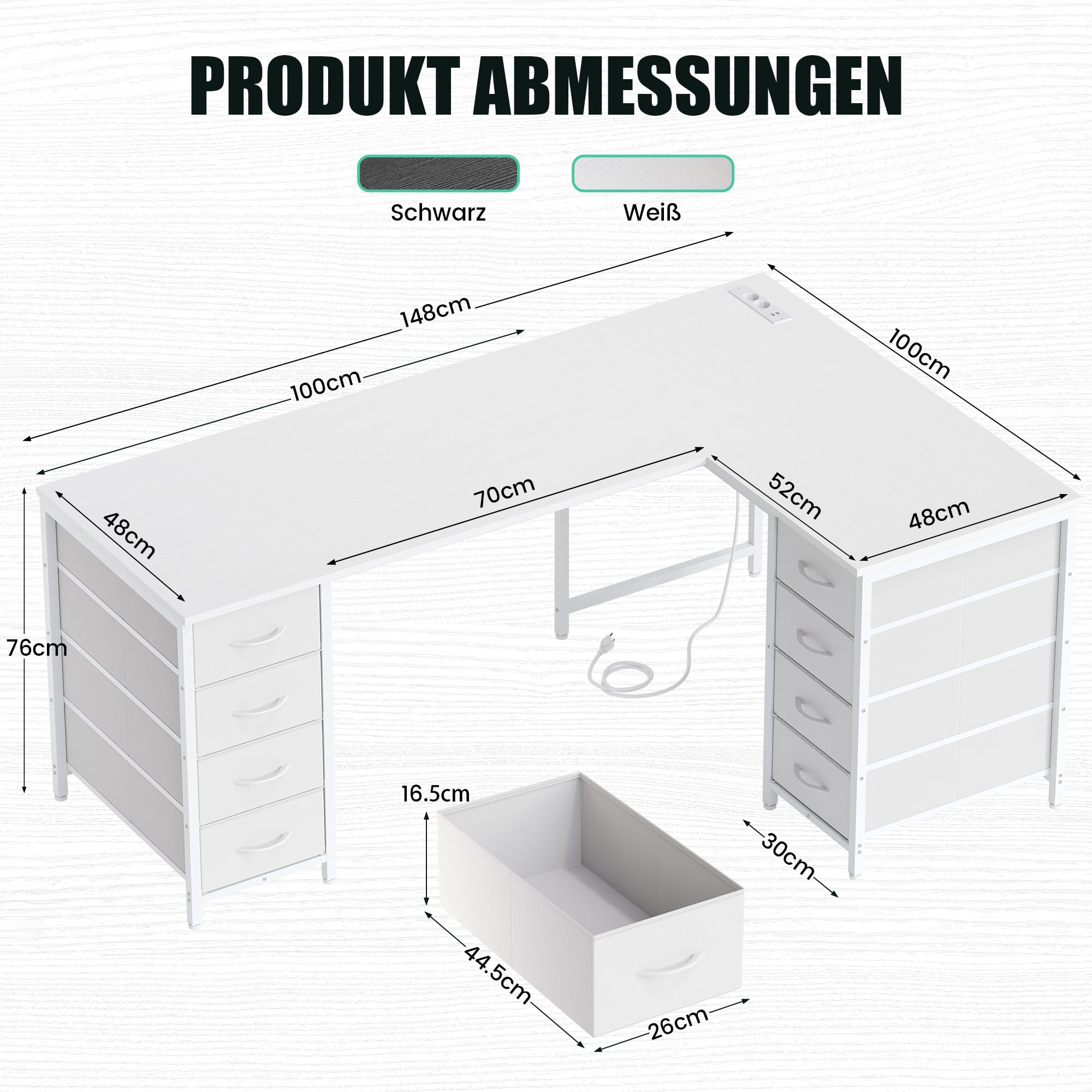 YOUDENOVA Schreibtisch L-Form, 150×100 cm Eckschreibtisch mit 8 Schubladen, Computertisch mit Steckdose und USB-Ladeanschluss, Bürotisch für Arbeitszimmer Weiß