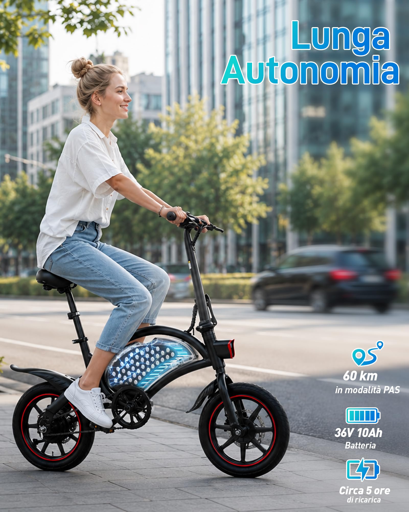 DYU D3S Bici Elettrica Pieghevole 14", 250W, per Città e Pendolari | Assistenza alla pedalata, batteria 36V 10Ah, fino a 60 km, sospensione e sella regolabile, per uomini e donne