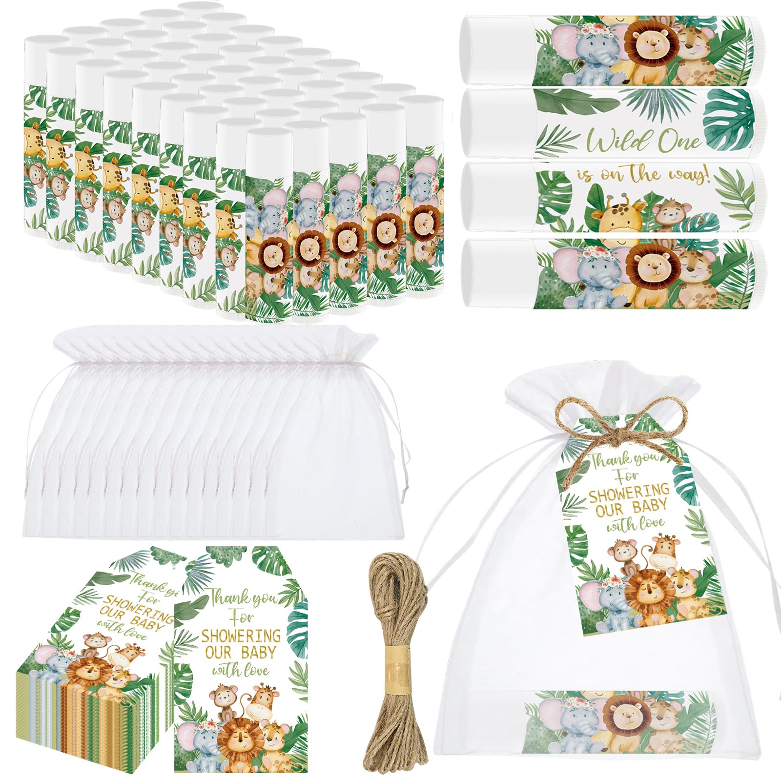 50 PCS Baby Shower Jungle Animal Lip Balms Favors for Guests,Baby Shower Games Gifts Boys Girls Neutral Gender Reveal Lip Balm with Thank You Card,