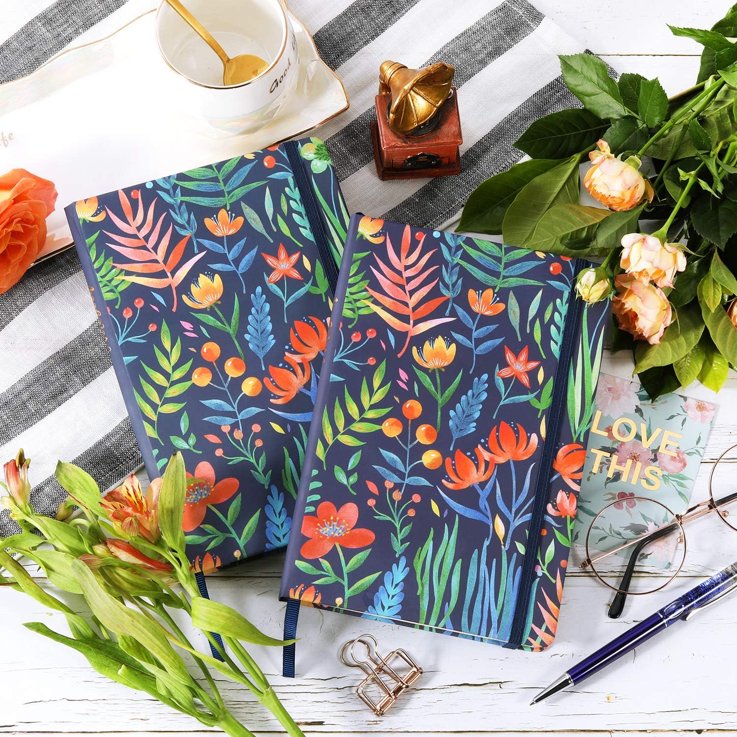 Journal/Ruled Notebook - Hardcover Ruled Journal with Premium Thick Paper, 5.8" x 8.4", Back Pocket + Bookmark + Round Corner Paper + Banded - Navy Floral : Office Products