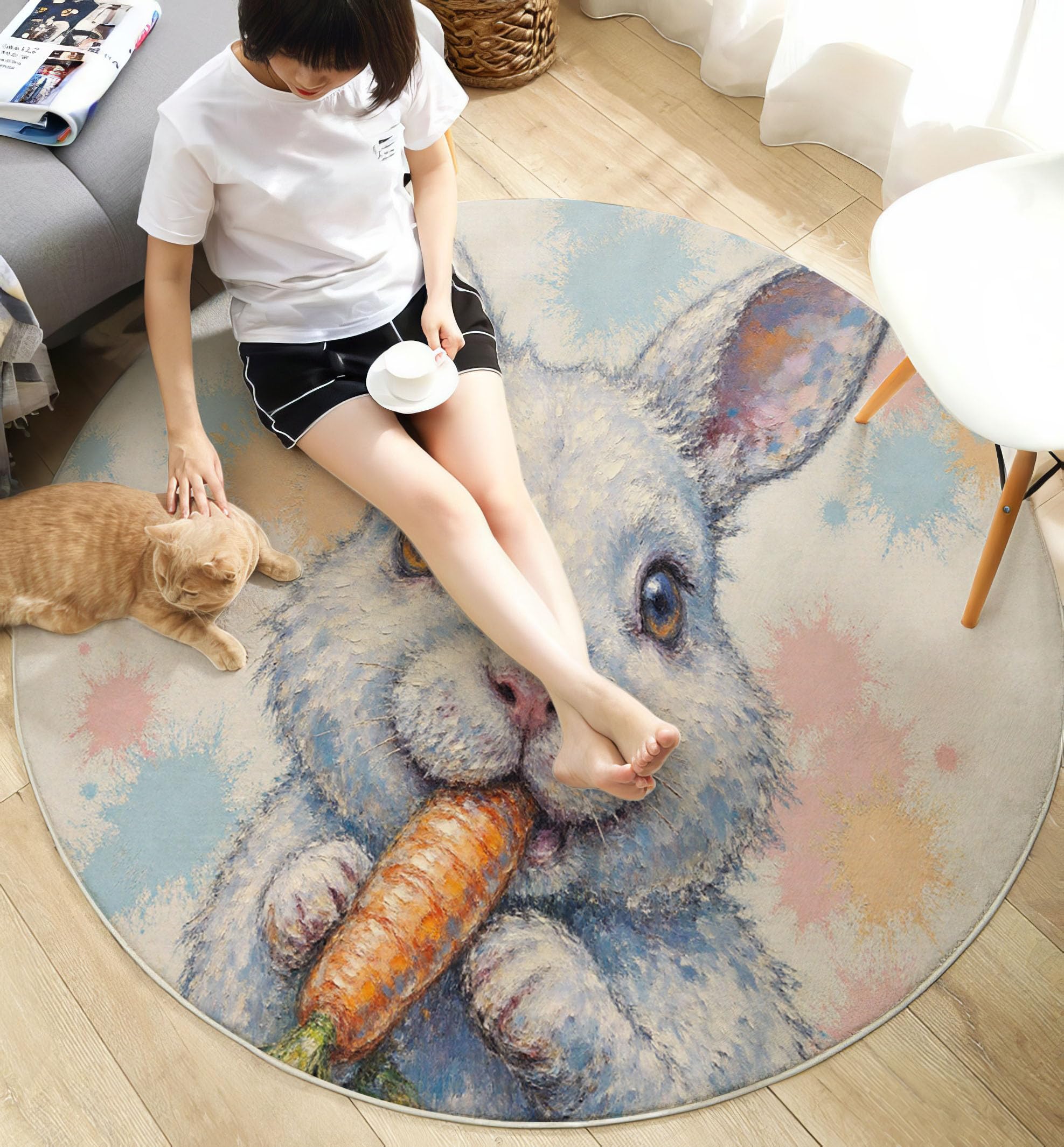 Tapis rond lapin antidérapant et ultra doux pour une descente de lit unique