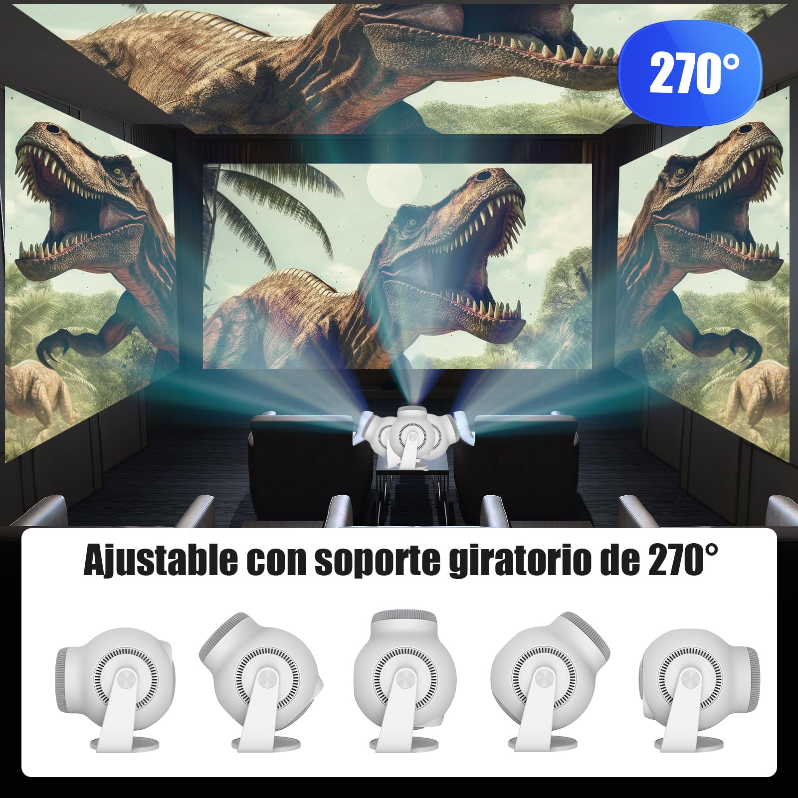 Mini Proyector con 4K & 8K 1080P, Proyector Portátil con Android 14 5G WiFi 6 y Bluetooth 5.4, Rotación de 270°, HDMI/USB/DC, 8 GB de Almacenamiento, Corrección Trapezoidal Horizontal Automática