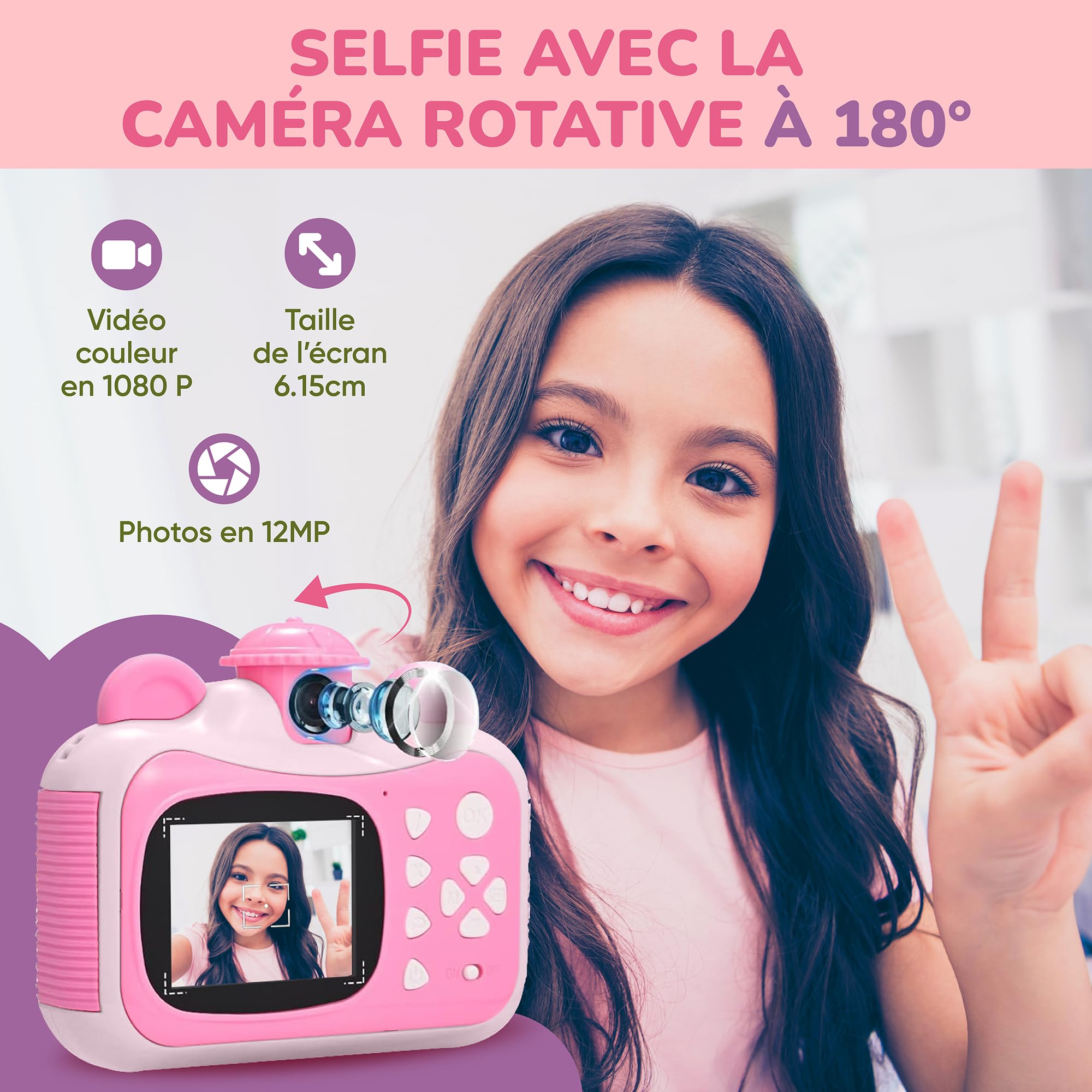 Appareil Photo Enfant Instantané Kawaii Ecran Couleur 12MP Photos Selfies Vidéos HD Carte 32 GB+Lecteur Carte+Rouleaux+Pack Art Créatif - Cadeau Fille