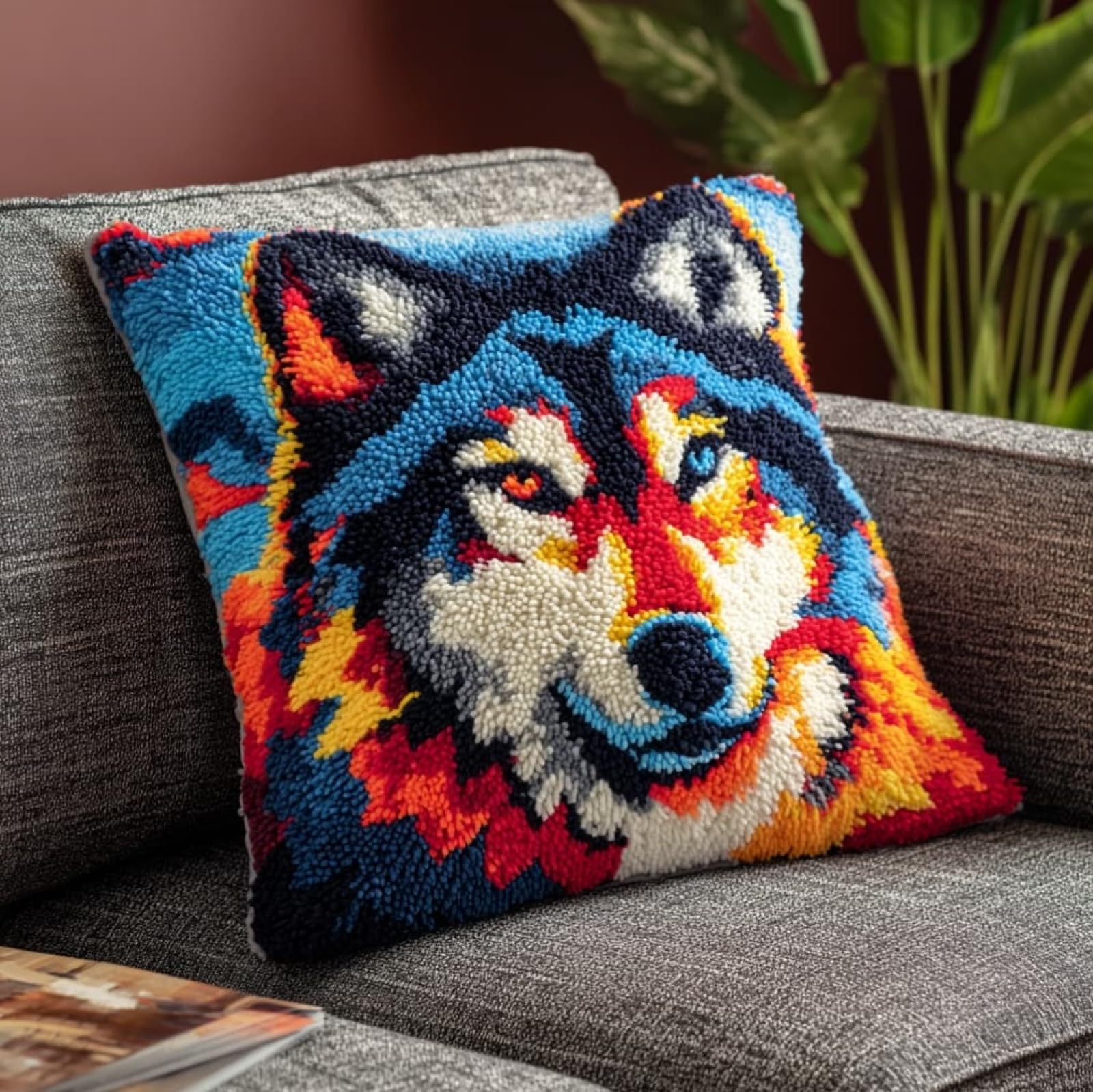 WallustrioaW 3D Pillow Latch Hook Embroidery Kits 17x17in,Animal Wolf