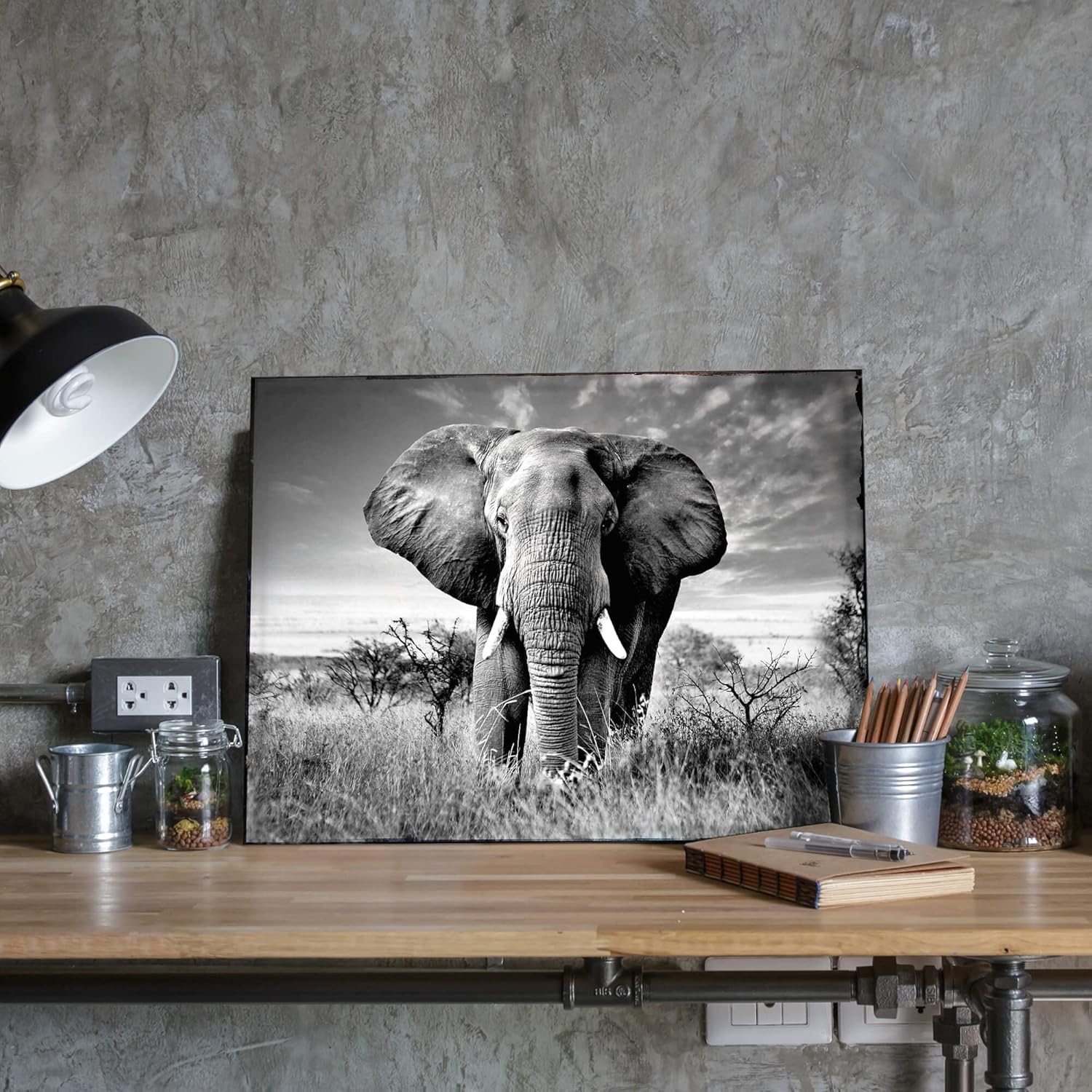Bedroom Elephant Canvas Wall Art: African Wild Animal Portrait Picture Rustic Wildlife Print Black and White Jungle Landscape Painitng Modern Phorographic Artwork for Bathroom Livirng Room Home Office