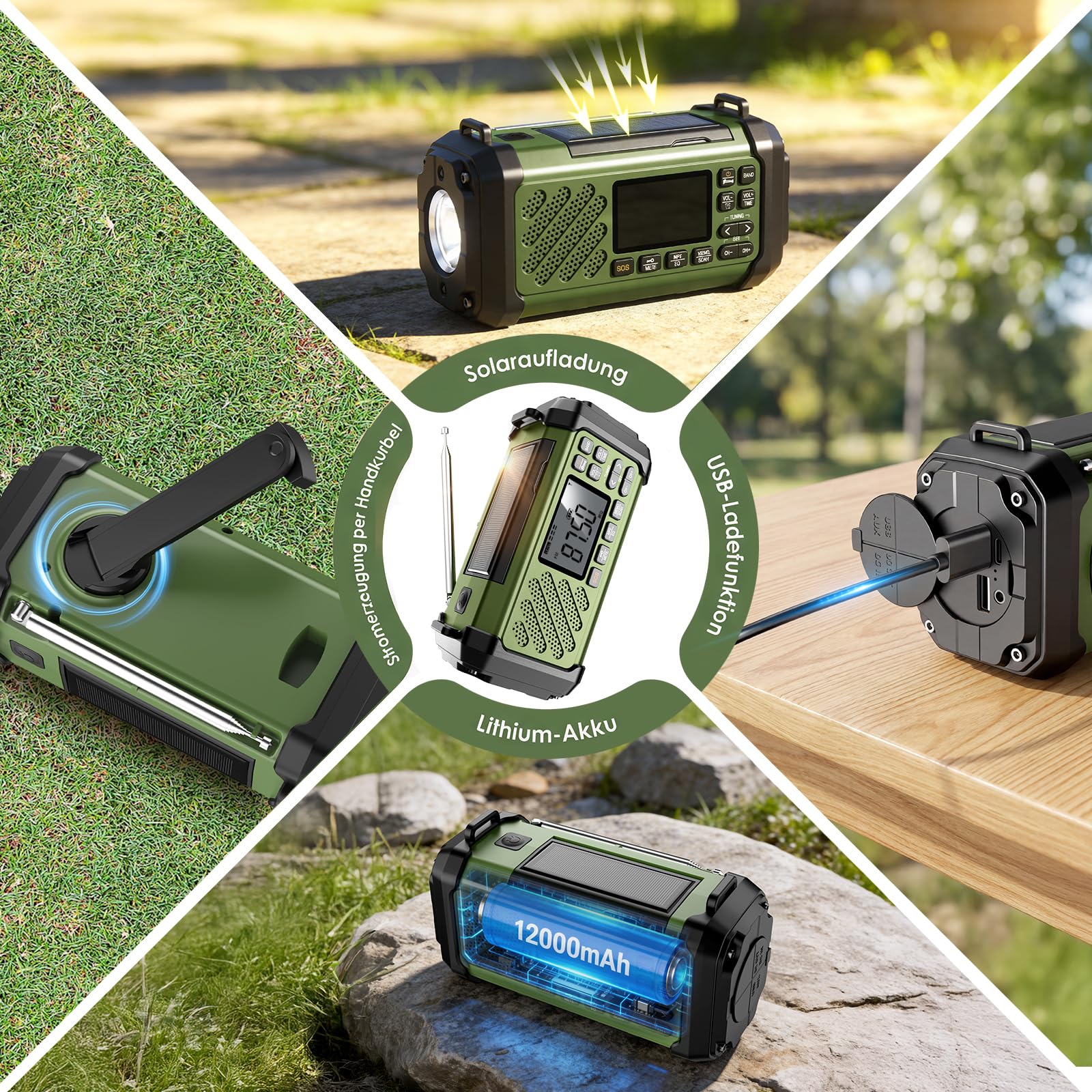 Vikeri Kurbelradio 12000mAh, Notfallradio mit Kurbel und Solar mit AM/FM/SW, LED Camping Licht,SOS Alarm,Kompass, USB-C Handyladung, Tragbare Radio mit Tragegurt für Notfall (Grün)