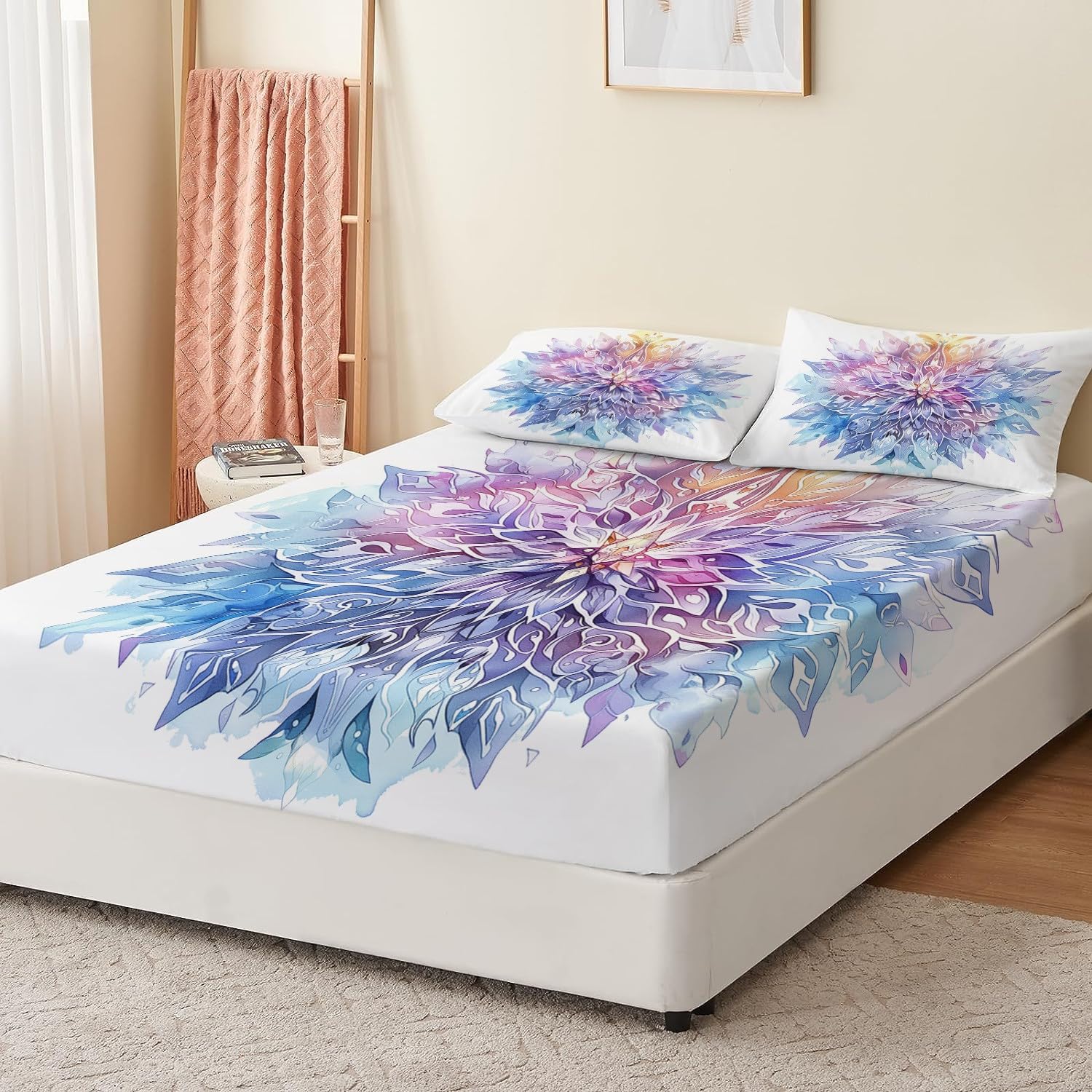 Lenzuolo con angoli stampato con fiocchi di neve in cristallo Lenzuolo con angoli stampato Morbido multicolore con 2 federe Lenzuolo con angoli da letto -30 cm 160 x 200 + 30 CM