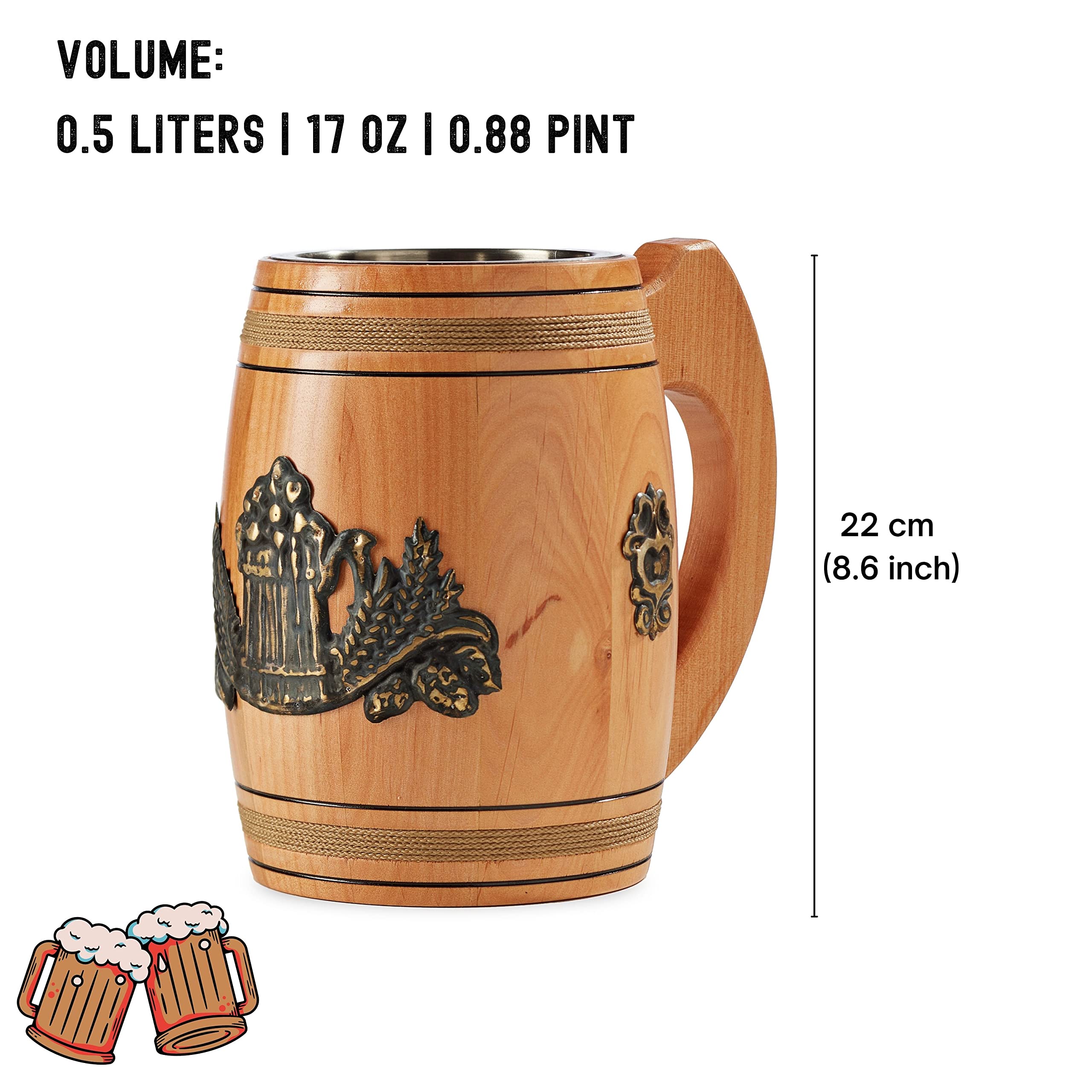 NOVECRAFTO Tasse à bière en bois, capacité de 0,5 l, style rustique, médiéval, anti-fuite, réutilisable, cadeau pour lui, tasse viking fabriquée à la main, chêne véritable, couleur marron clair