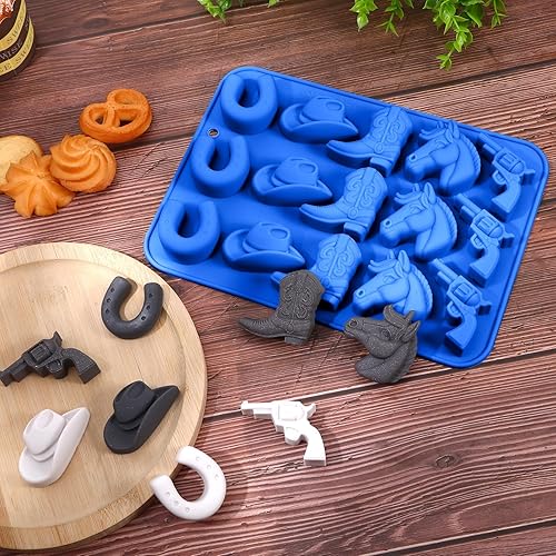 Vista 4 de 2 moldes de chocolate de vaquero, moldes de silicona con temática de fiesta occidental, incluyen sombreros de vaquero, botas de vaquero y formas