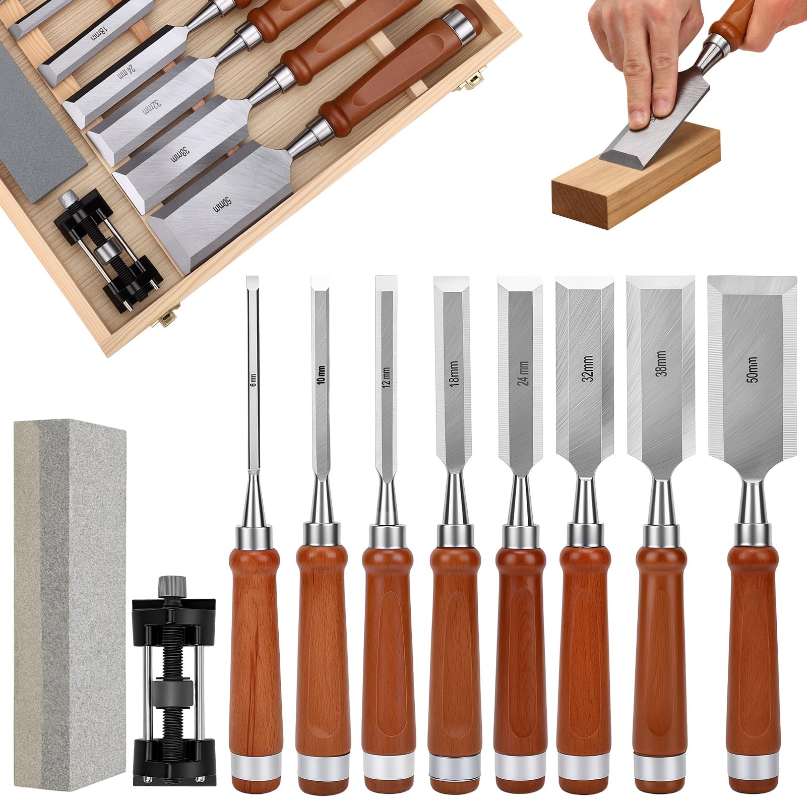 Juego de Formones para Madera Profesional, 10 Cinceles de Carpintería (6-50mm) con Mango de Madera, Piedra de Afilar, Guía y Caja de Almacenamiento | Herramientas para Tallar y Bricolaje
