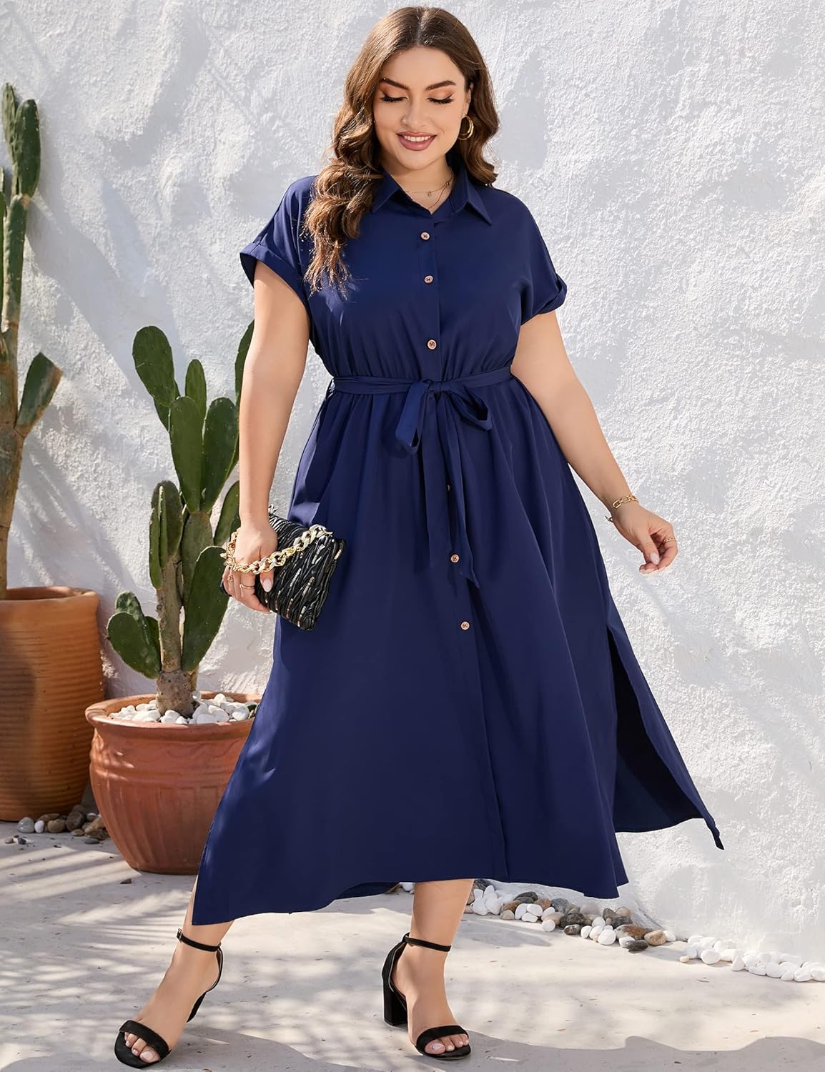 KOJOOIN Plus Size Maxi Dresses for Women Summer Tie Belt Work Polo Dress Business Casual Button Down Dress - Image 2