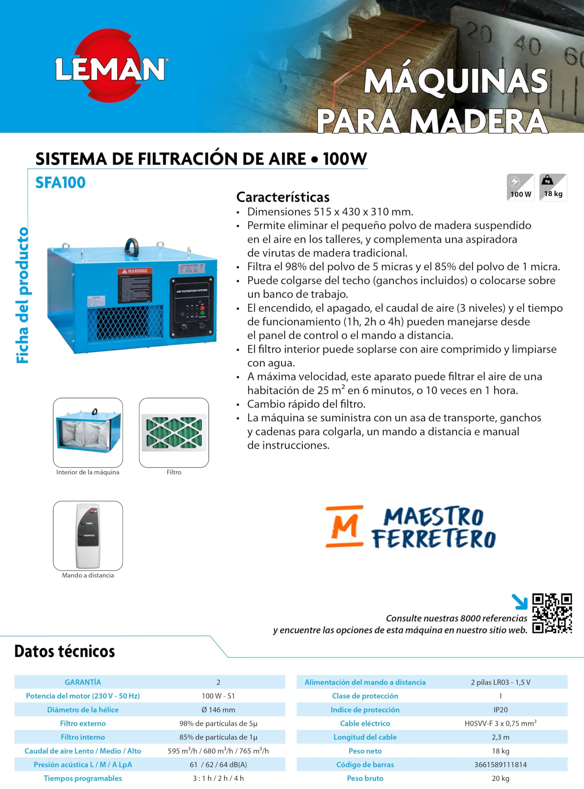 LEMAN SFA100 Sistema di Filtrazione Aria 100 Watt Efficiente Filtraggio Polvere di Legno, Telecomando