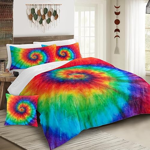 Sleepwish Rainbow Tie Dye Comforter Set Queen Size Colorful Boho Bedding Trippy Hippie Quilt Set 4 Piece with 2 Pillow Shams, 1 Cushion Cover
