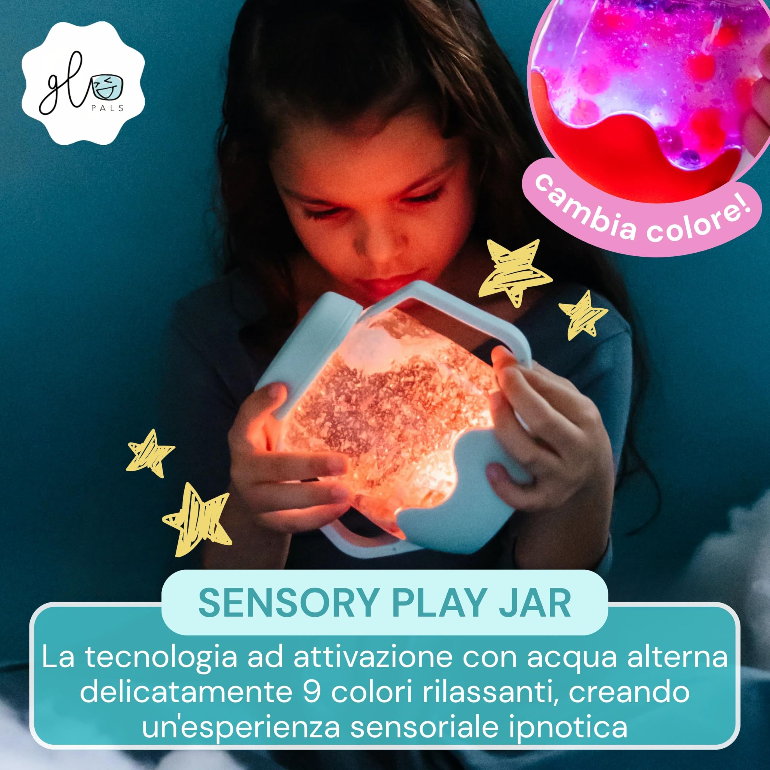 Glo Pals, Barattolo per Riempitivi Sensoriali, Gioco per Bambini da 18 Mesi di Età, Aiuta lo Sviluppo Sensoriale e Cognitivo, Blue, 10x8cm