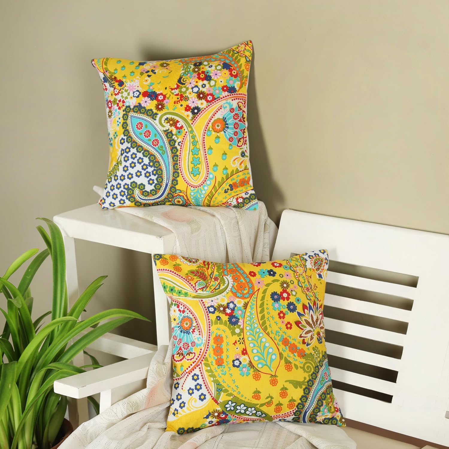 Cotton Decorative Square Pillow Covers Set of 2 Indian Paisley Print Traditional Boho Decor Cushion Pillow Covers for Sofa Pillows Throw Cushion Pillow Covers (24" x 24" Pack of 2)