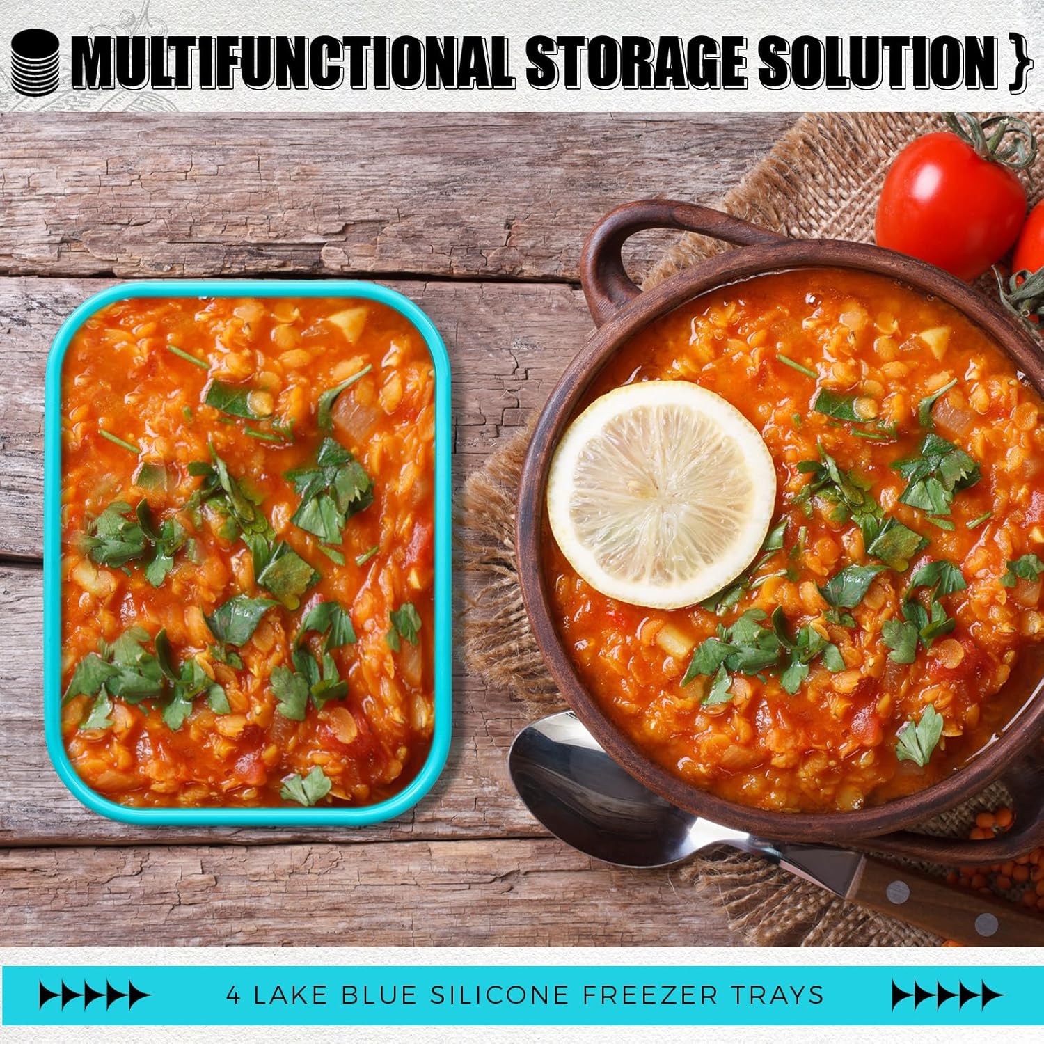 Nuogo 4 Pcs 6 Cup Silicone Freezer Trays with Lid Soup Containers Reusable Freezer Silicone Molds Rectangle Containers Ice Trays for Soups Sauces Stews Curries, Lake Blue - Image 6