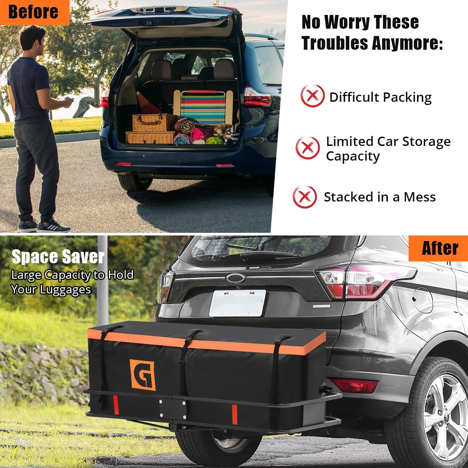 Garvee 100% étanche, capacité maximale – Sac de transport pour porte-bagages d’attelage – Matériau renforcé, fermeture zippée imperméable, sangles robustes – Pour voitures/SUV/camions – 21 pieds cubes