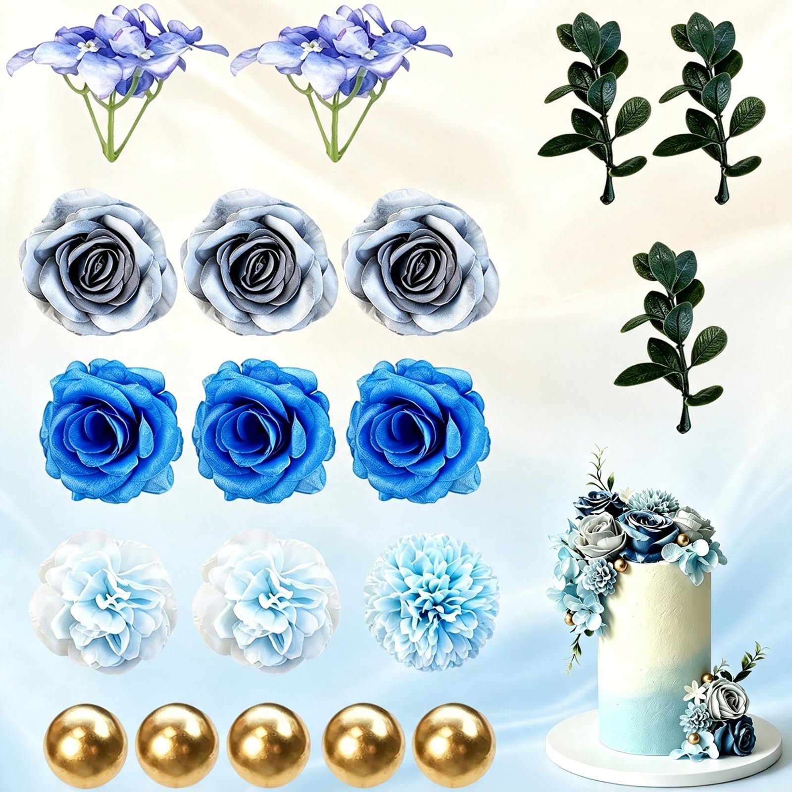 19 Pcs Blue Flower Cake Topper for Birthday, Wedding, Anniversary