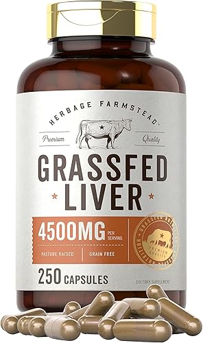 Herbage Farmstead - Cápsulas de hígado de carne alimentada con pasto de 4500 mg 250 unidades Suplemento desecado Sin OMG, sin gluten
