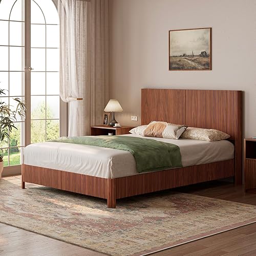 Evermagin Walnut Wooden Queen Bed Frame with Headboard, Mid Century Modern Fluted Platform Bed, Brown Bed Base No Box Spring Needed, Wavy Grooved Panel