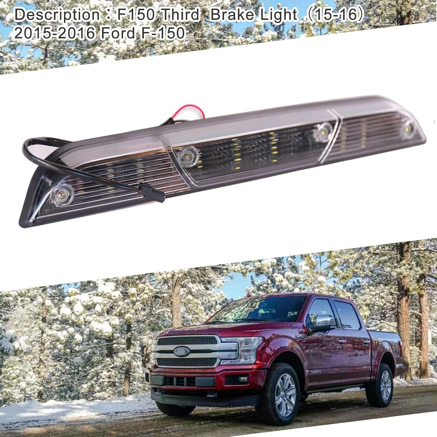 MP&PV Auto Parts Third Brake Light for Ford F-150 2015-2016, High Mount Stop Lamp with LED Cargo Light, Smoked Rear Cab