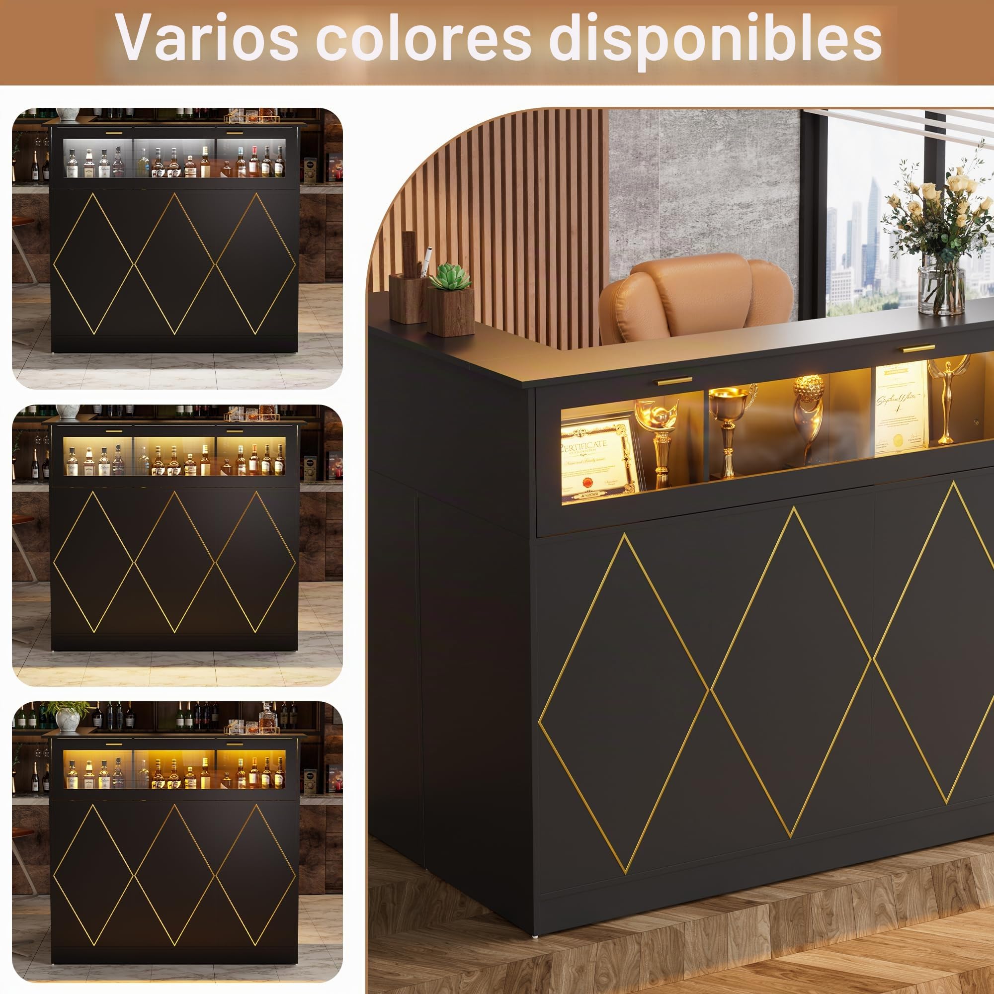 MSFE Mostrador de Recepción con LED, Mostradores Recepcion Forma L con Cajón | Armario | Vitrina, Mostradores para Tiendas Escritorio de Recepción Moderno para Oficina, 126x93x111cm (Negro)