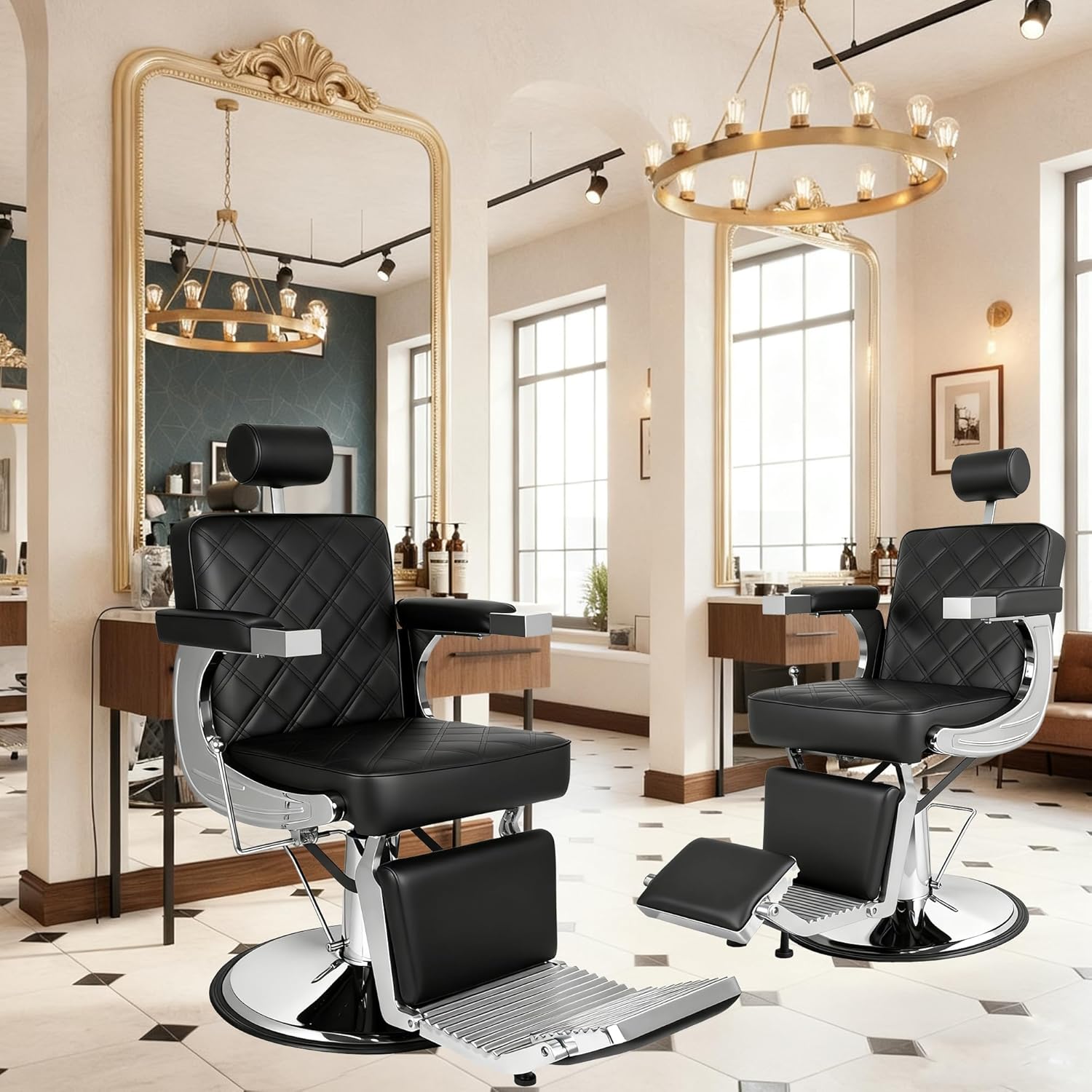 Barber Chair for Barbershop, Heavy Duty Hydraulic Reclining Barber Salon Chair for Hair Stylist with Diamond Stitch PU Leather, 360° Swivel All Purpose Barber Chair, Vintage Black with Silver Frame