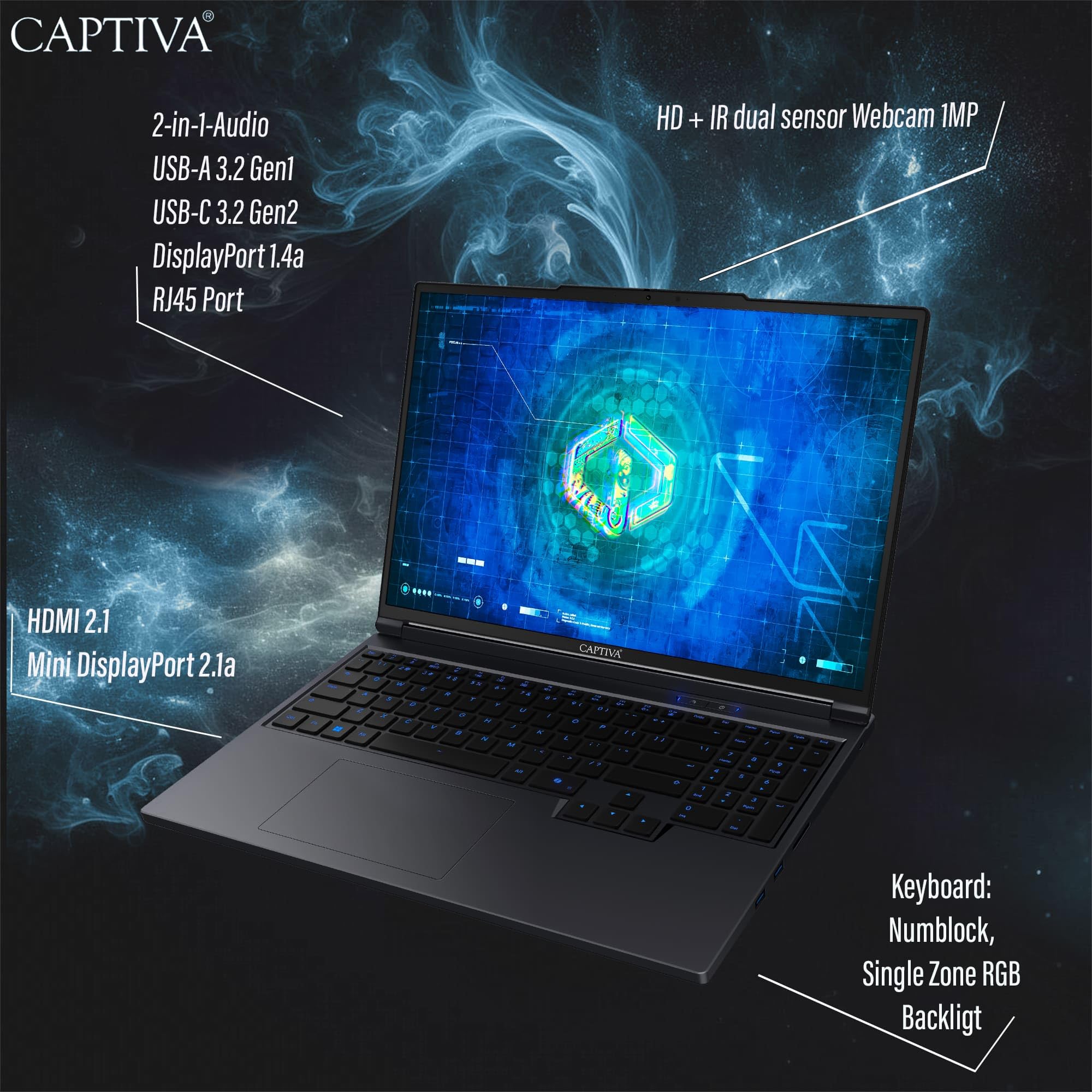 Captiva Notebook Highend Gaming I95-181GE | Intel Core i9 14900HX | 64GB DDR5 RAM | NVIDIA GeForce RTX 5070 Ti 12GB | 2 TB SSD | 16 Zoll WQXGA 300Hz | Windows 11 Home