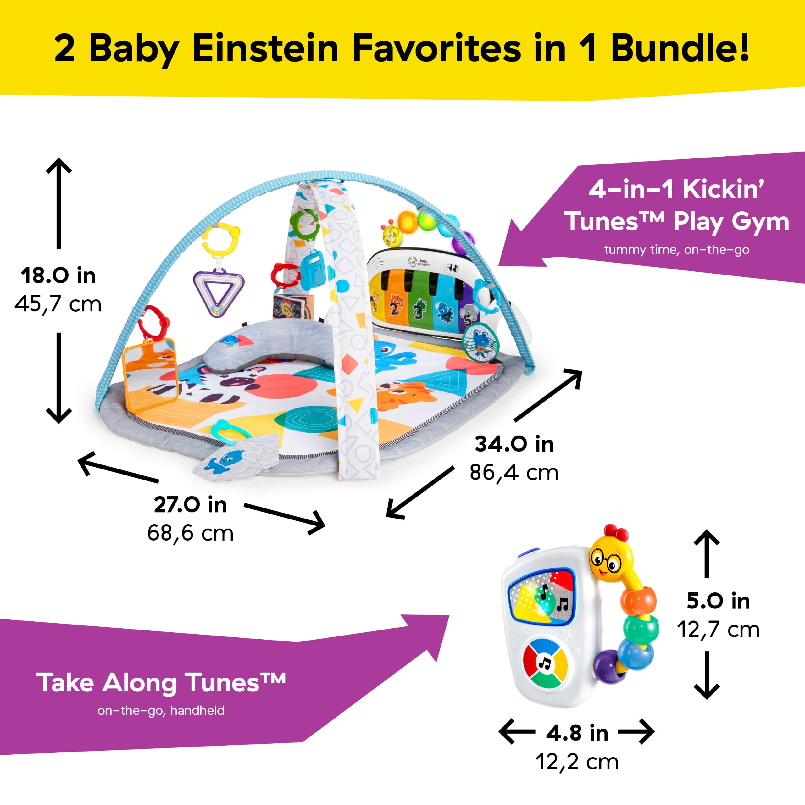 Baby Einstein Tapis d'éveil bébé Kickin Tunes 5-en-1 Découverte Musicale et Linguistique, Jouet Musical Portable, 0 Mois+