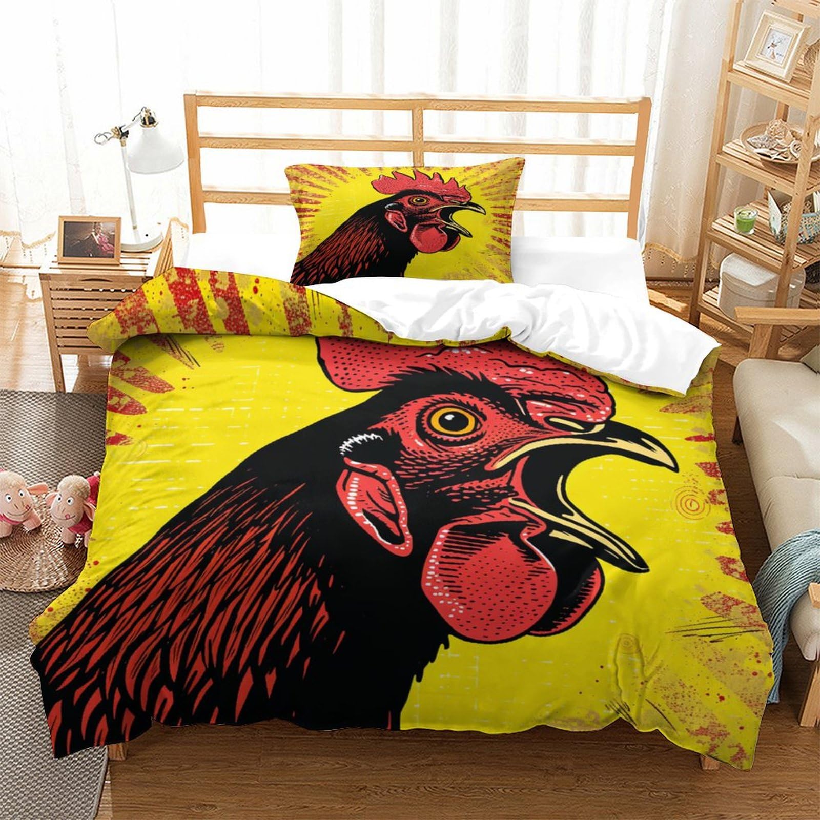P1S9U7W5Y Bold Rooster 3D Printed Duvet Cover Set 3pcs Microfiber Chicken Bedding Set Single（135x200cm）