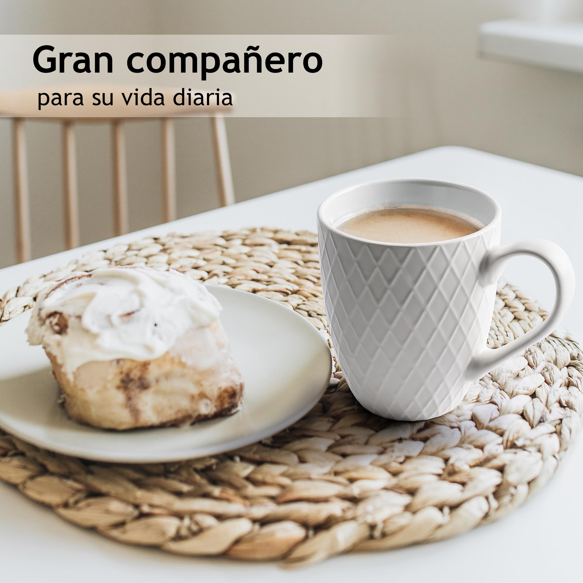 MIAMIO - Tazas grandes de café (6 × 350 ml), set de 6 - Palmanova (Blanco) | Tazas grandes de cerámica para cappuccino, té y latte macchiato; set de 6 tazas de café, todas aptas para lavavajillas