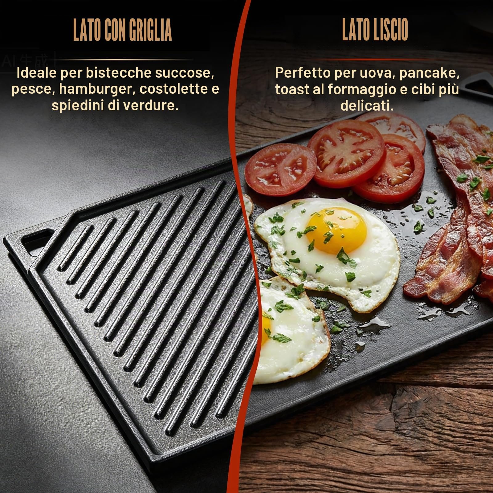 Denmay Piastra in ghisa 42 x 24 cm, antiaderente reversibile griglia per barbecue a gas, piastra in ghisa per fornelli a gas, forno, barbecue all'aperto o falò, 1 pezzo