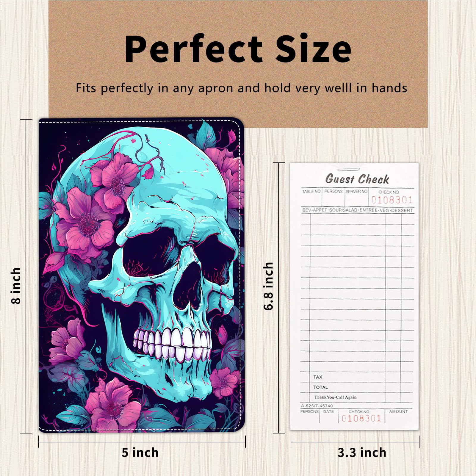 Server Book for Waitress,Server Books for Waitress with Zipper Pocket,Cute Server Book, Waitstaff Organizer Waitress Book with Money Pocket and Zipper Fit Server Apron,Flower Skull
