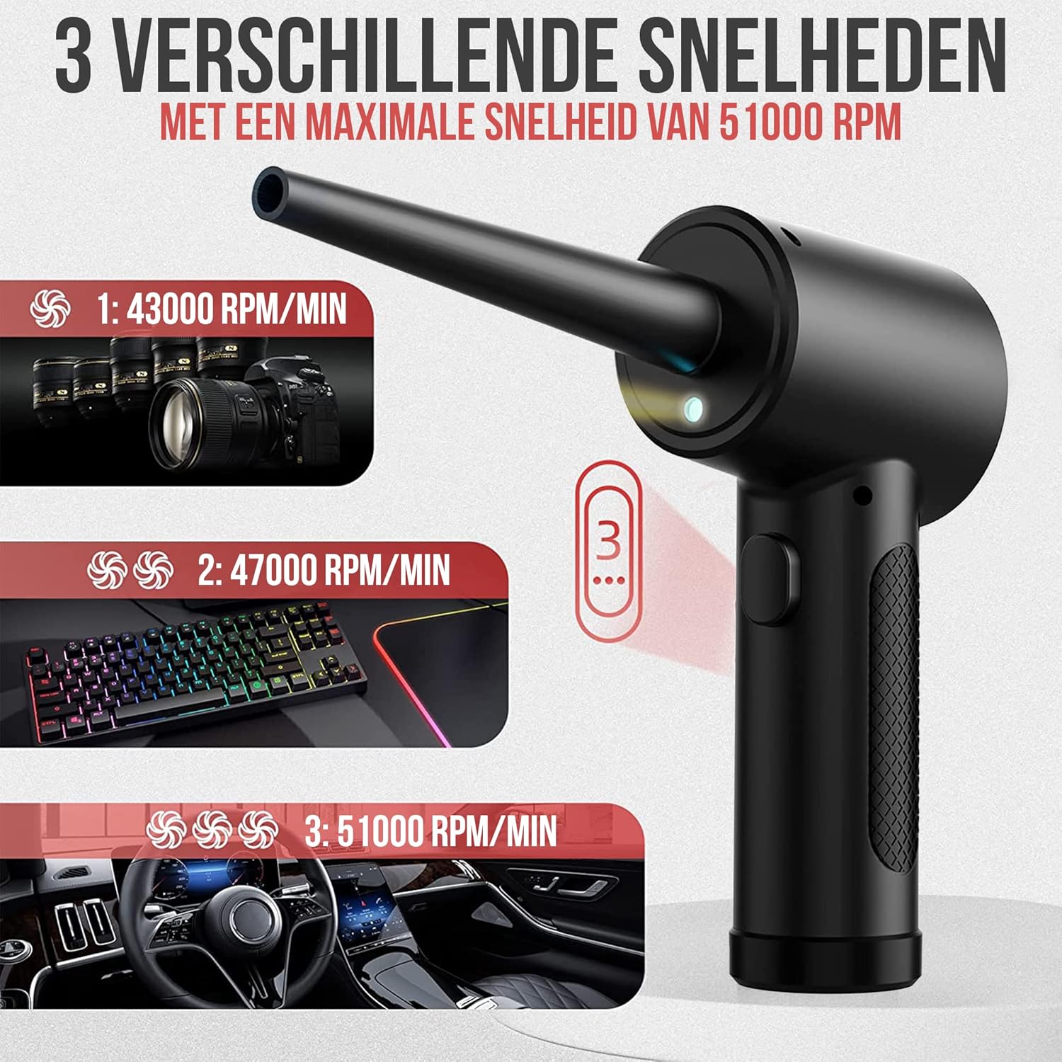 Strex Cordless Air Duster showing three speed settings: 43000 RPM for cameras, 47000 RPM for keyboards, and 51000 RPM for car interiors.