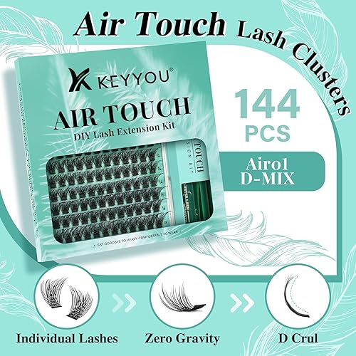 Miniatura 2 de Kit de extensión de pestañas KEYYOU 144 piezas con aplicador de pegamento y sello, racimos de pestañas Air Touch con removedor, rizo D, kit