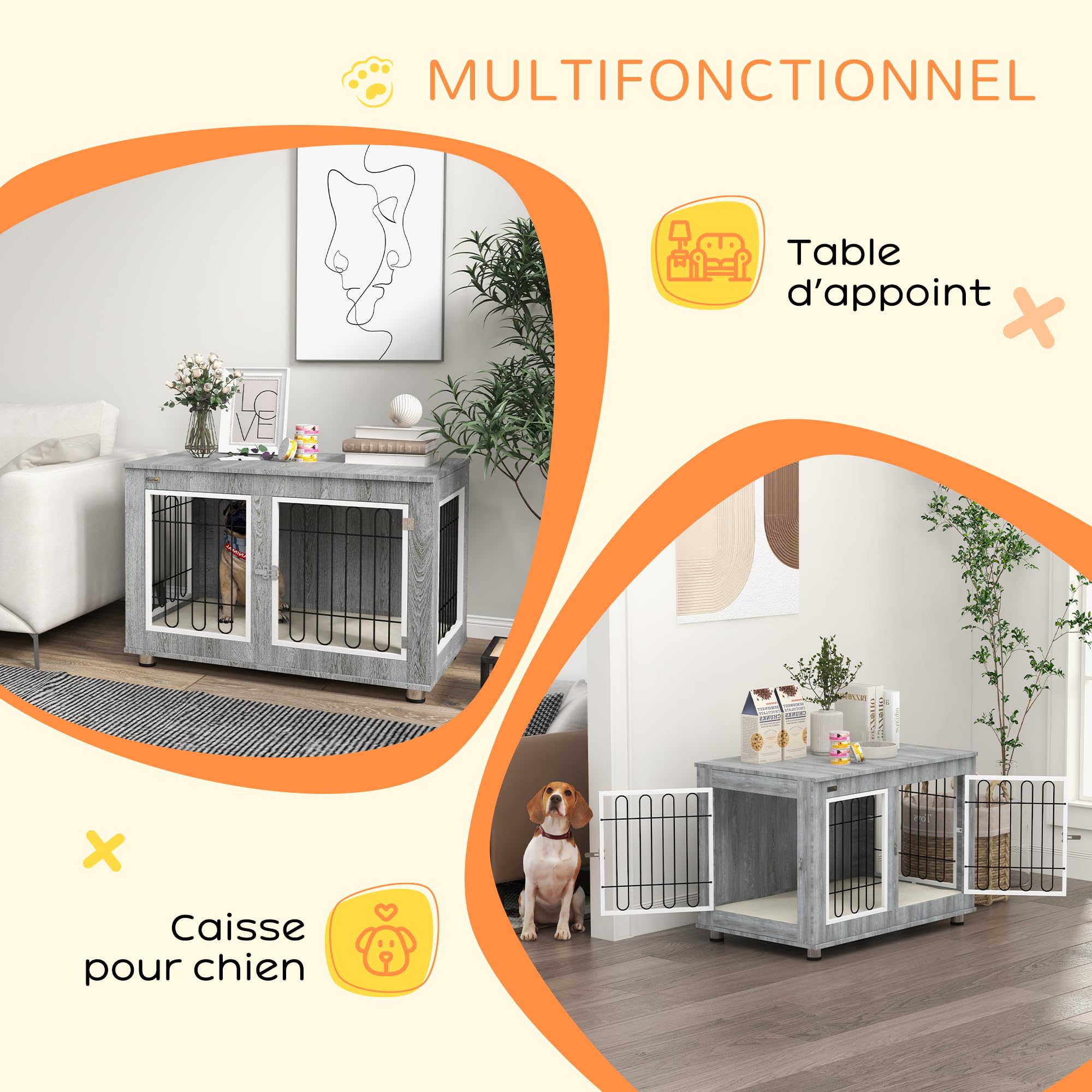 PawHut Cage pour Chien Meuble Cage Chien intérieur Table d'appoint Multi-usages avec Double Porte et Coussin - Niche pour Chien Moyenne et Grande Taille - 90 x 58 x 65 cm, Aspect Gris