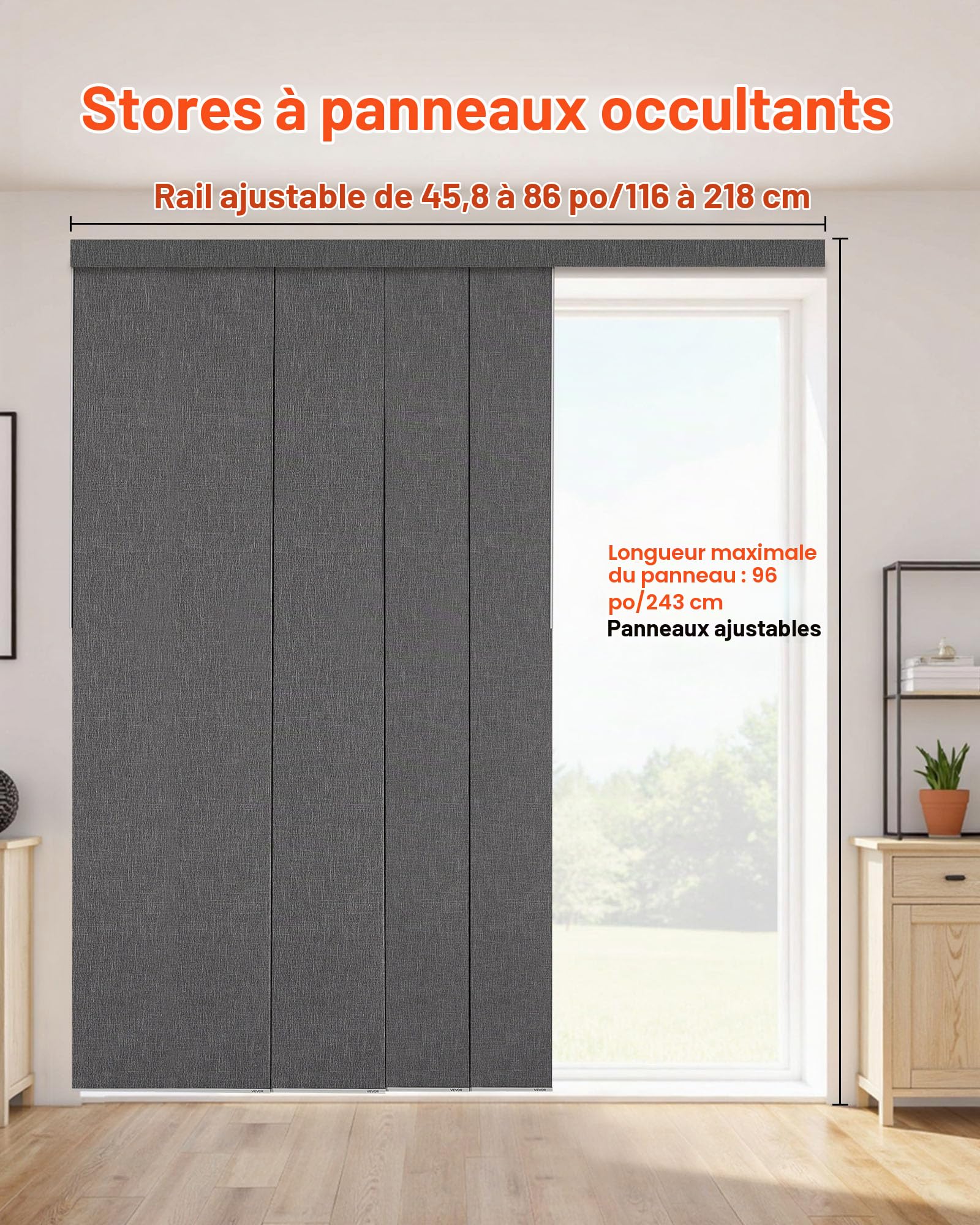 VEVOR Store à Panneaux Occultants Verticaux sur Rail Extensible 116-218 cm Largeur, Panneau Japonais Ajustable jusqu'à 243 cm de Hauteur, pour Porte Coulissante, Séparation de Pièce, Fenêtres, Gris