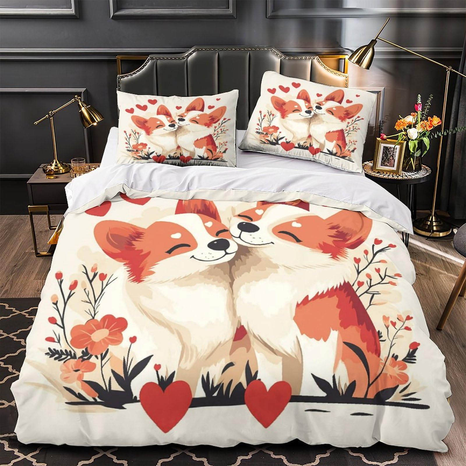Corgi-Pärchen 3D-Bedruckt 3er-Set Kuschelbezug Romantischer Cartoon-Stil Bettbezug Mikrofaser Staubmilbenfest Hypoallergen für Jungen Mädchen Frauen Super King（260x220cm）