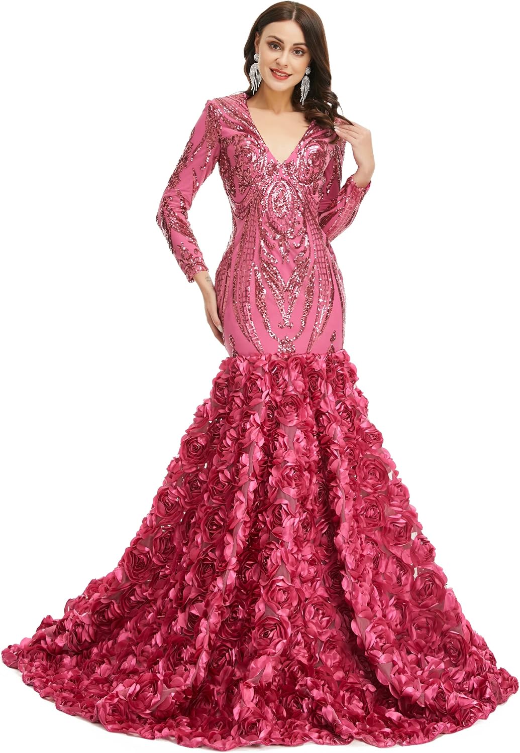 Women's Long Sleeves V-Neck Rose Sequins Mermaid Evening Dress