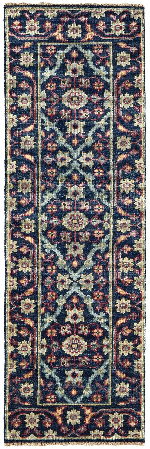 HomeRoots 511638 8 x 10 ft. Blue Green & Red Wool Floral Hand Knotted Distressed Stain Resistant Rectangle Area Rug with Fringe
