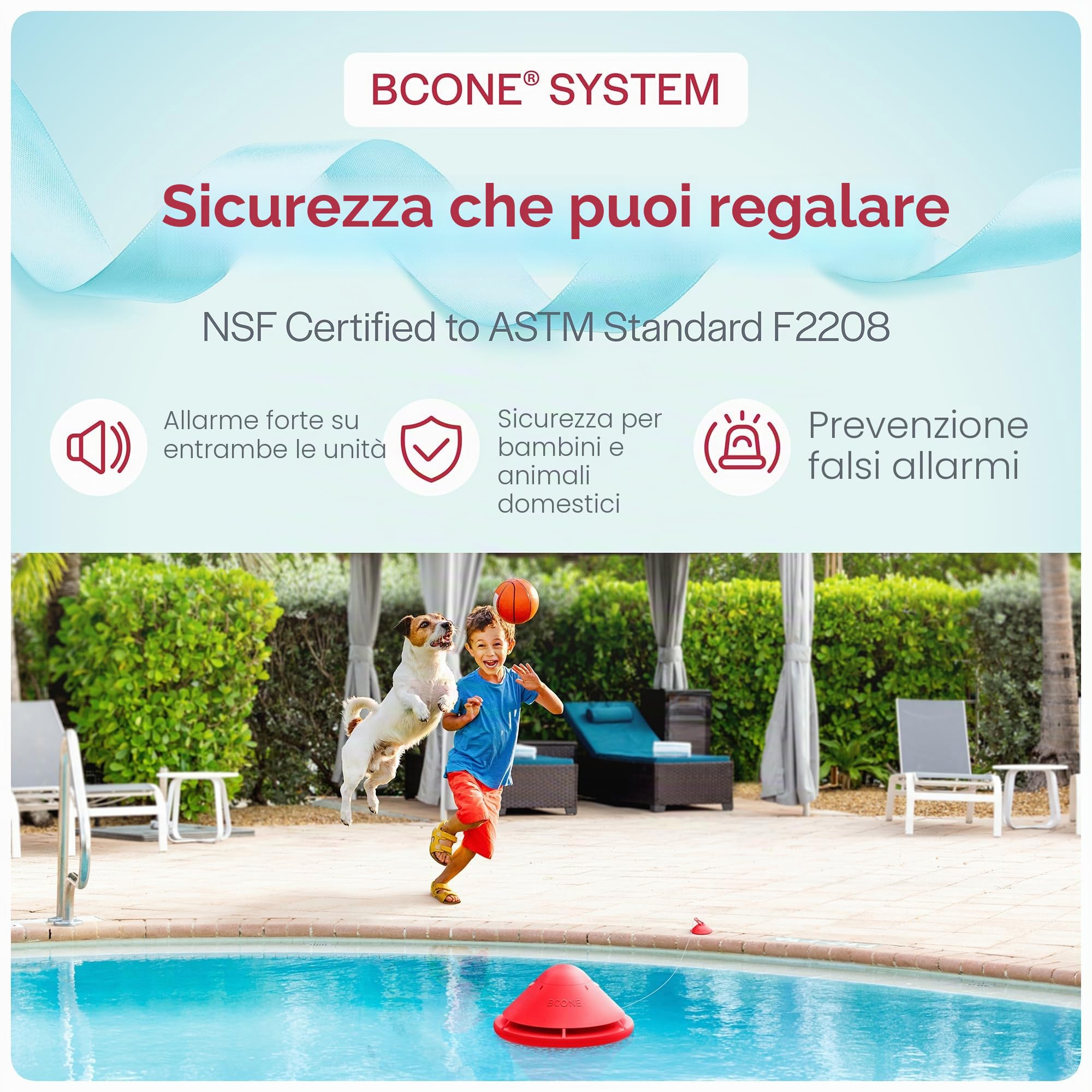 Lifebuoy BCone Smart Floating Pool sistema di allarme di sicurezza. Allarme potente sia sulla piscina che sulle unità domestiche.