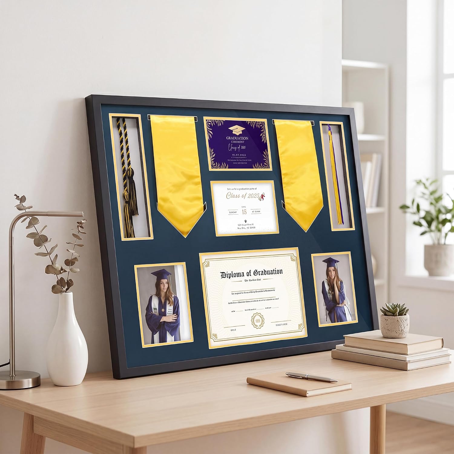 FramePro Graduation Shadow Box 24x29 Inch Display Case with Tempered Glass - Preserve Diploma(8.5x11), Tassel, Stole, Medal & 5x7 Photo | Premium Graduation Gift, Navy Gold Mats