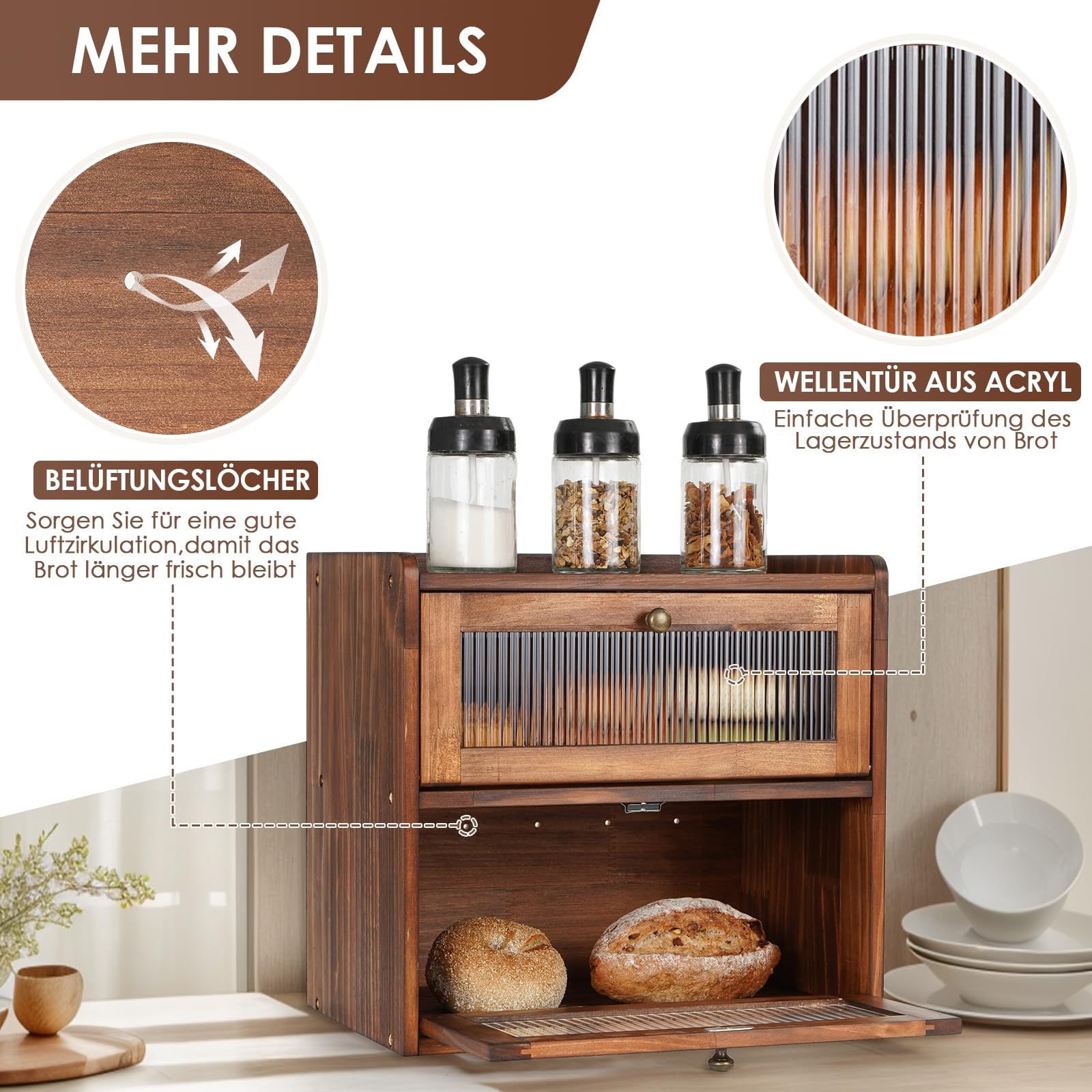 GUUSII HOME Brotkasten Groß Brotbox Küche Holz Gross Brotaufbewahrung 2 Etagen Brotkästen XL 36x24x34cm Beste Aufbewahrung für Brot mit Magnetisch Acryltür Bread Bin (braun)