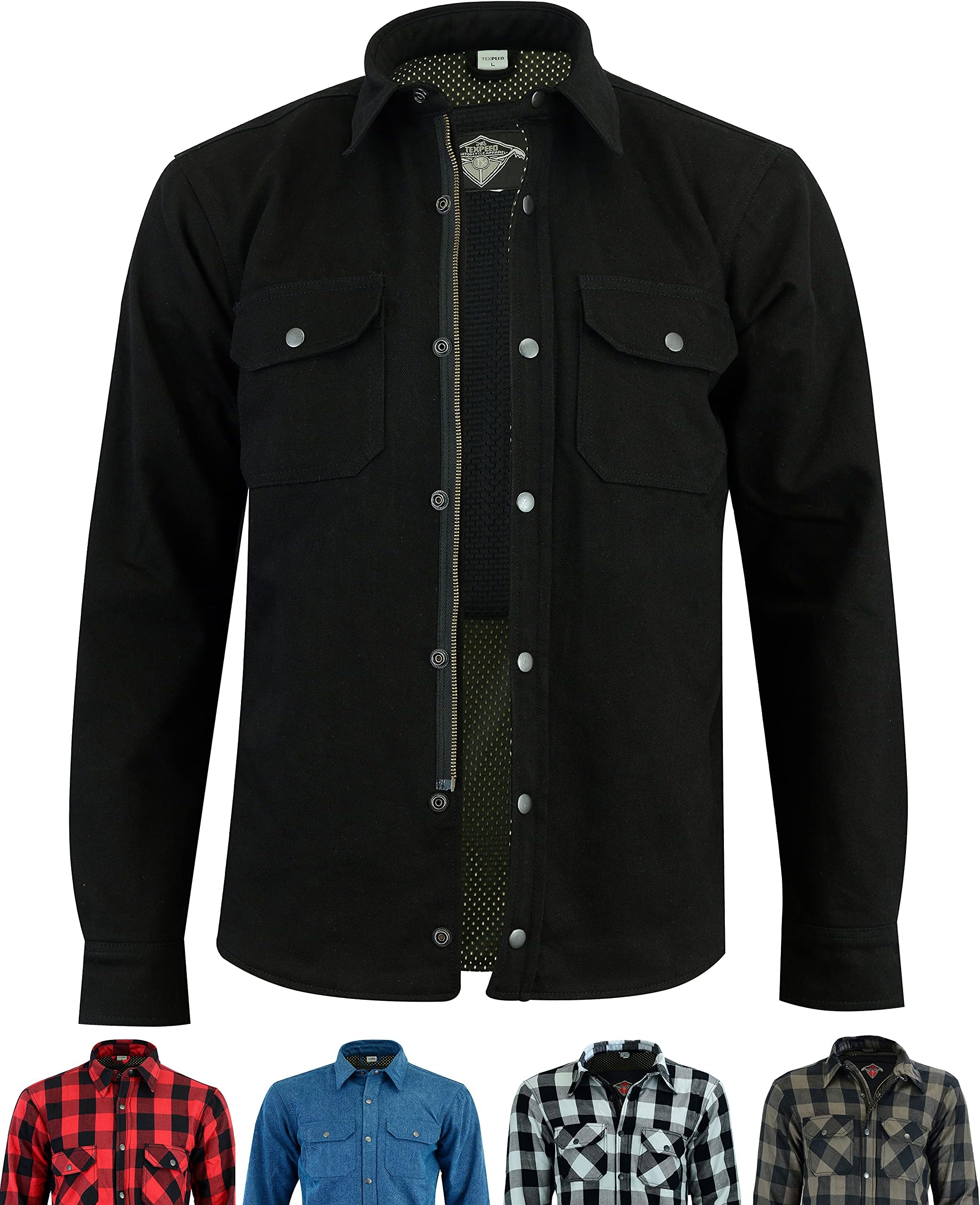 Texpeed Mens Motorcycle Motorbike Jacket - Biker Shirt Made With 280gsm Aramid And Protective CE Armour (EN 1621-1) Black - XL