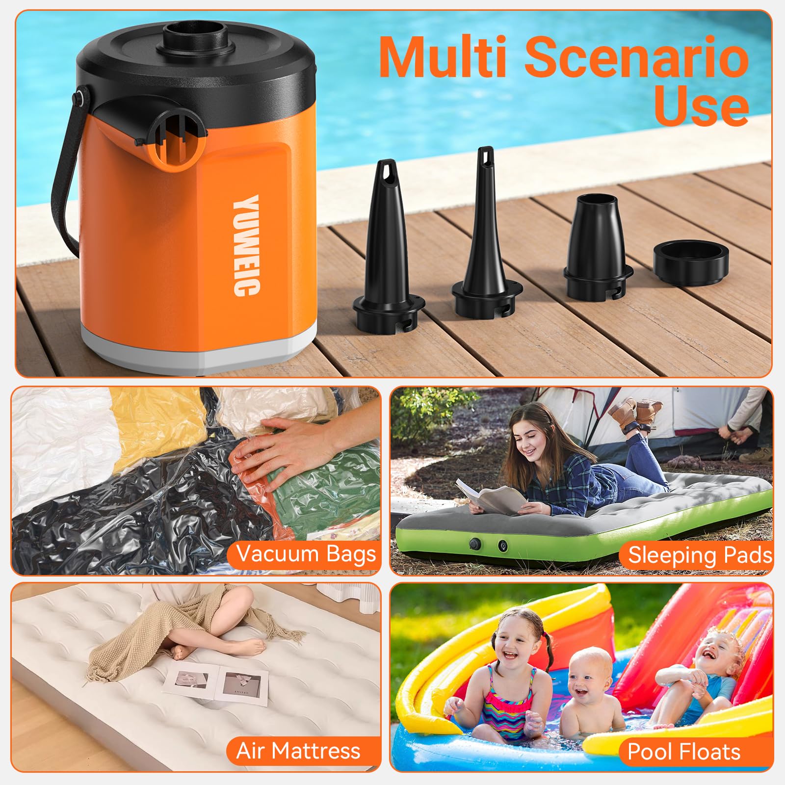 Elektrische Luftpumpe mit 5000-mAh-Akku, tragbare Luftpumpe mit 3 Düsen, inklusive Campinglampe, elektrische Luftpumpe, geeignet für Strand, Camping und Outdoor-Veranstaltungen