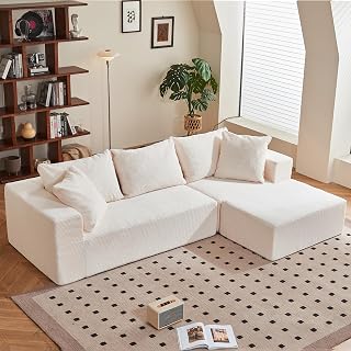 RUMBALUXY 108" Beige L-Shaped Boneless Cloud Couch, Modular Sectional Sofa with Movable Ottoman, No Assembly Corduroy Sofa