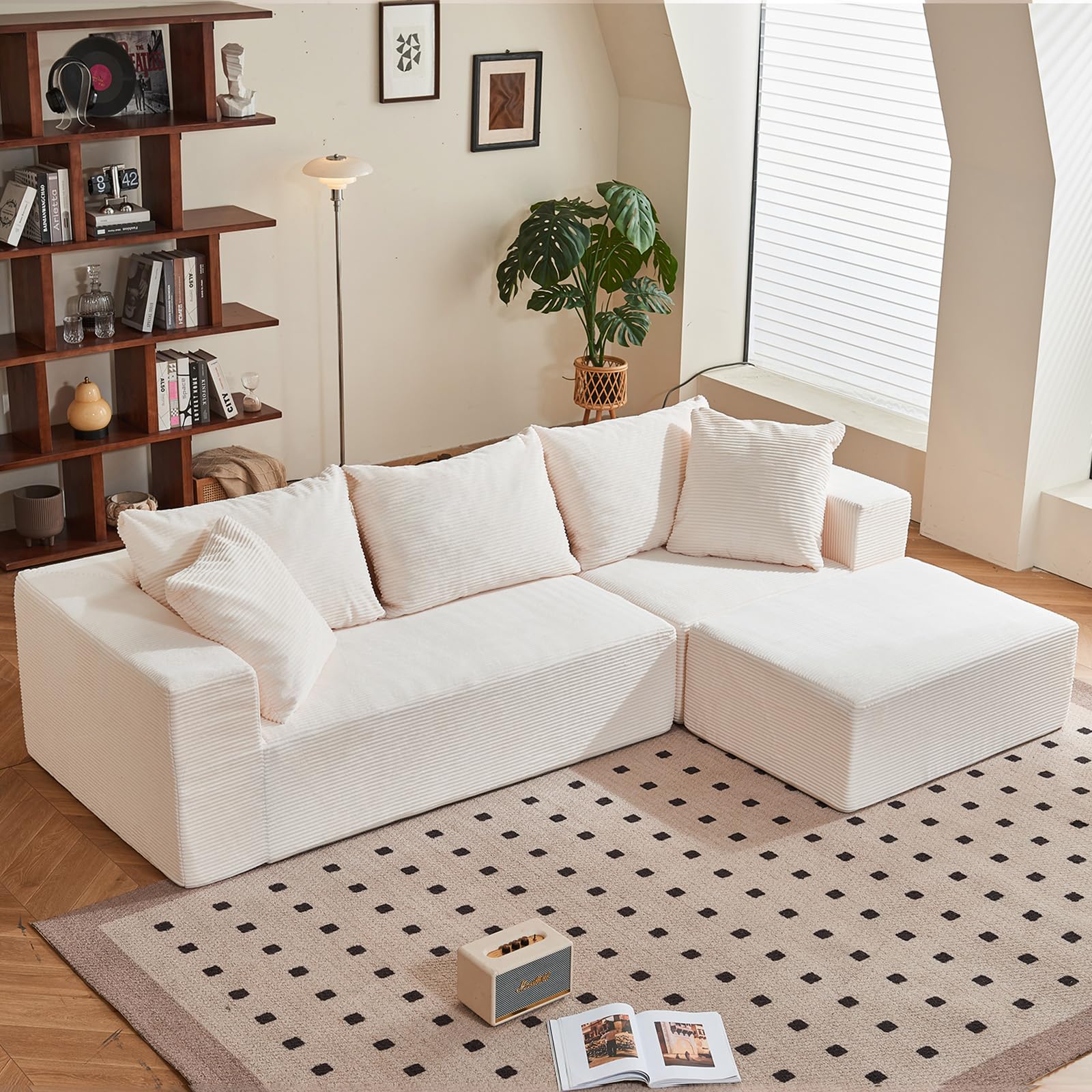 Photo 1 of 108" L-Shaped Boneless Couch, Modular Sectional Sofa with Moveable Ottoman, Corduroy Cloud Couches for Living Room, No Assembly, Ship in a Box, Beige
