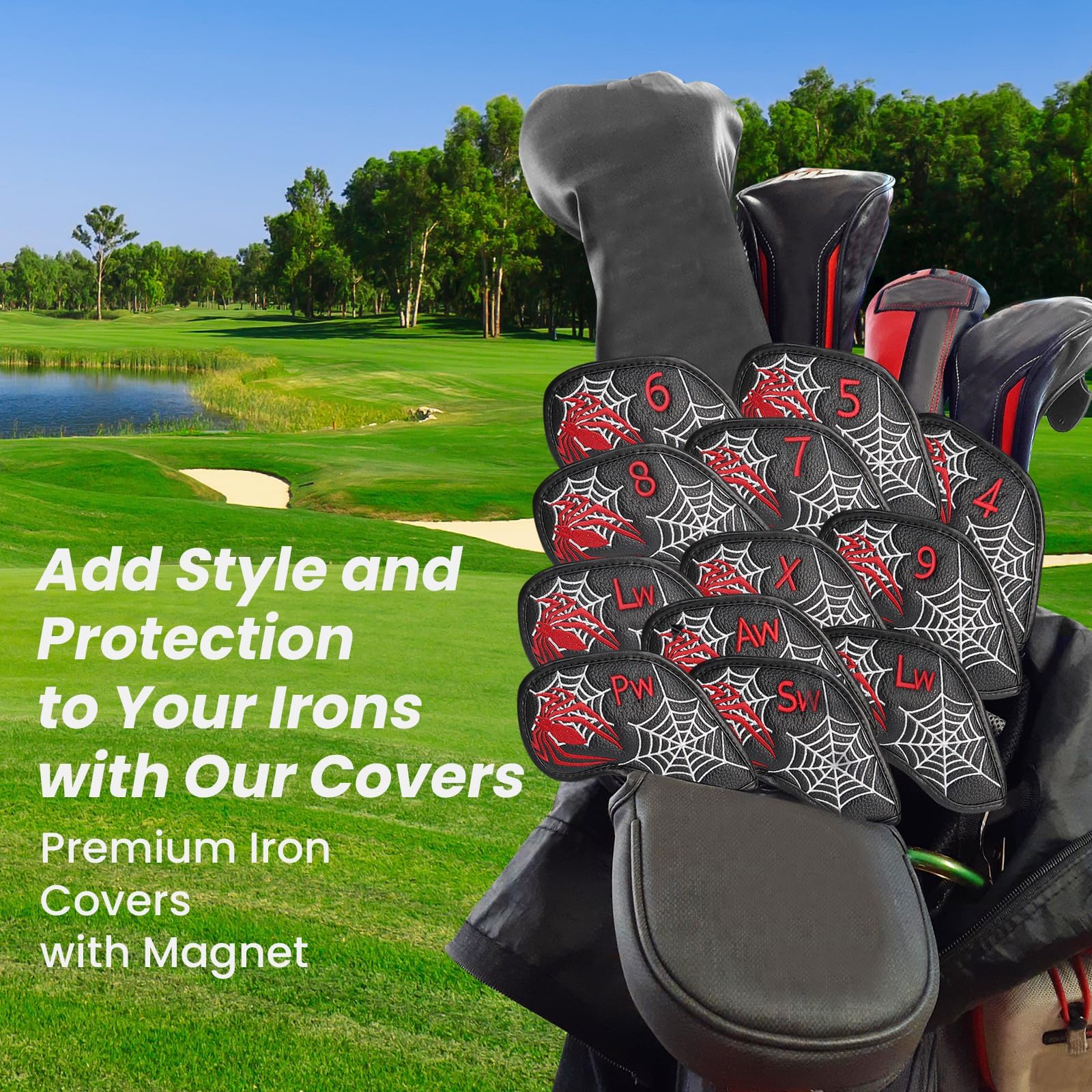 Golf Headcover pokrowiec na rakietę, żelazny pokrowiec na głowę ze sztucznej skóry, zestaw 12 czerwonych, niebieskich i czarnych, dla mężczyzn i kobiet